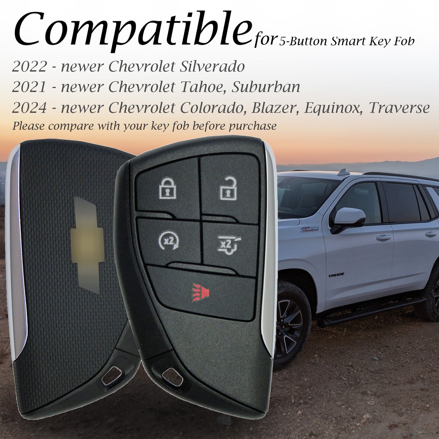 Vitodeco Leather Smart Key Fob Case Cover Protector Compatible with Chevrolet Silverado, Colorado, Suburban, Tahoe, Blazer, Equinox, Traverse - 5-Button
