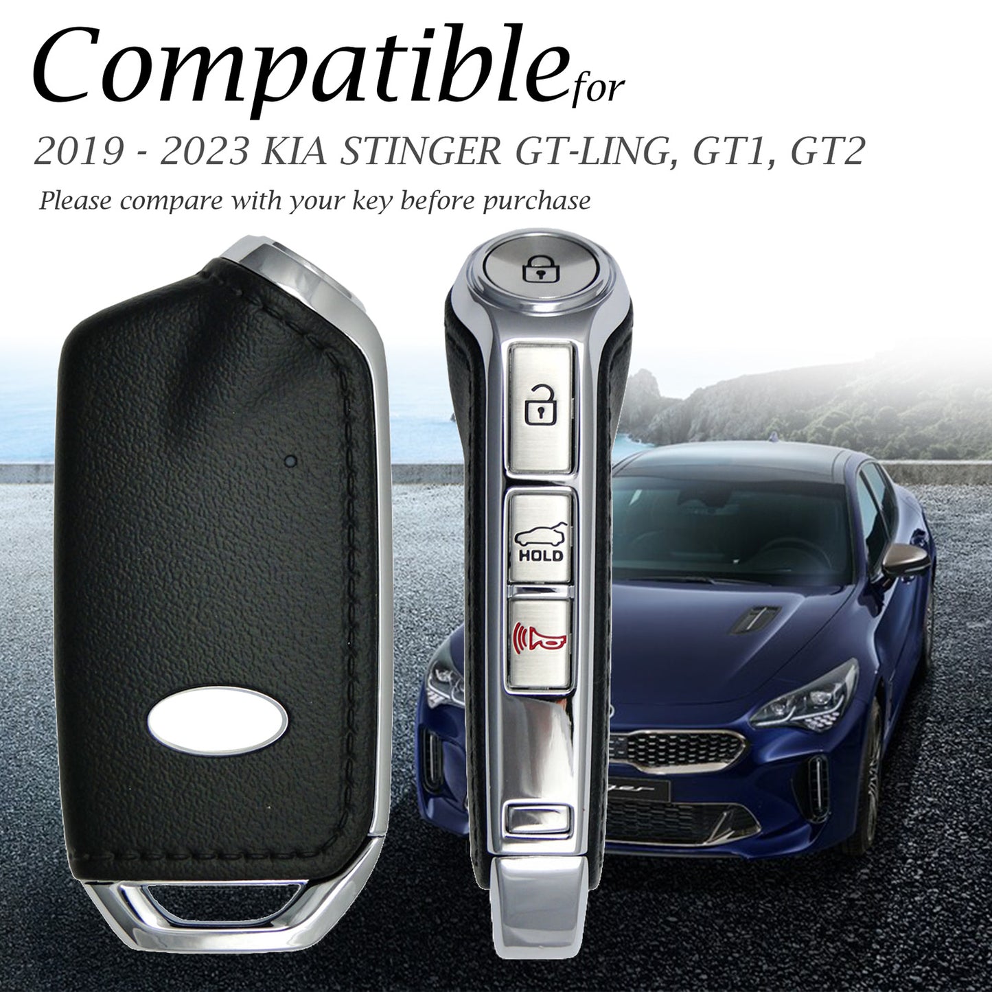 Vitodeco Genuine Leather Smart Key Fob Case Cover Compatible with Kia Stinger (2018-2023)-4-Button
