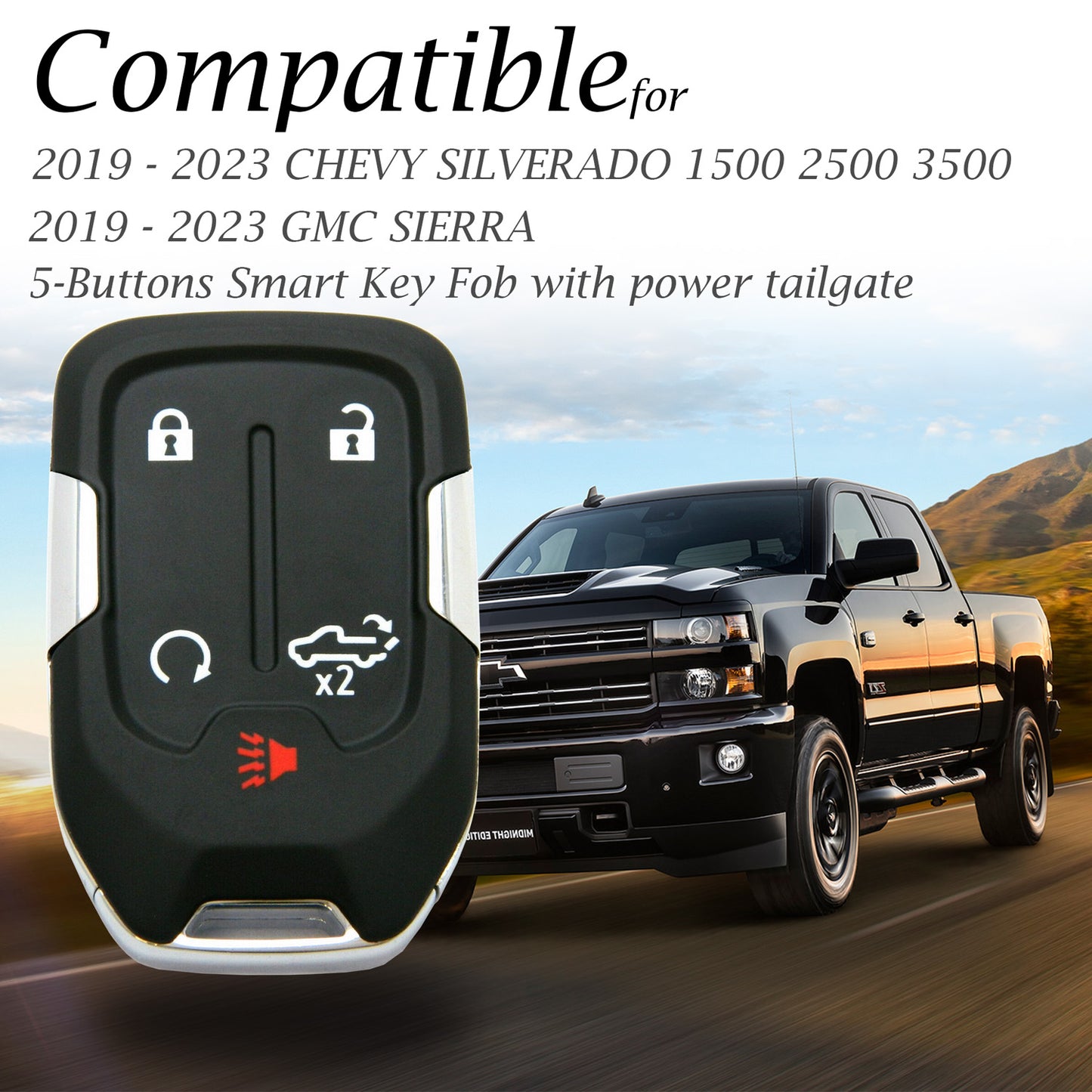 Vitodeco Leather Smart Key Fob Case Compatible with Chevrolet Silverado 1500, 2500, 3500, GMC Sierra (2019 - 2023 Models) - 5-Button