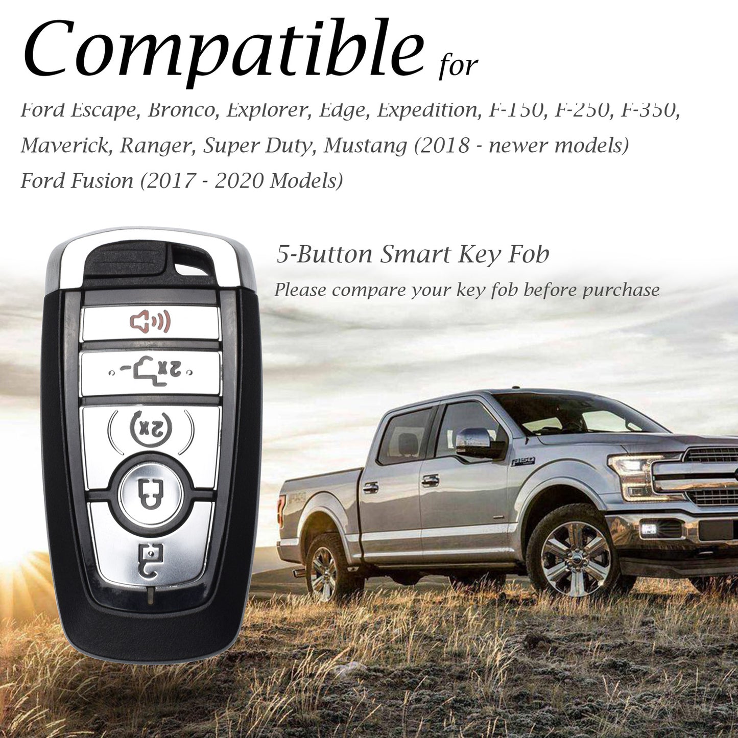 Vitodeco Leather Smart Key Fob Case Cover Protector Compatible with Ford (2018 - 2026 Models) - 5-Button