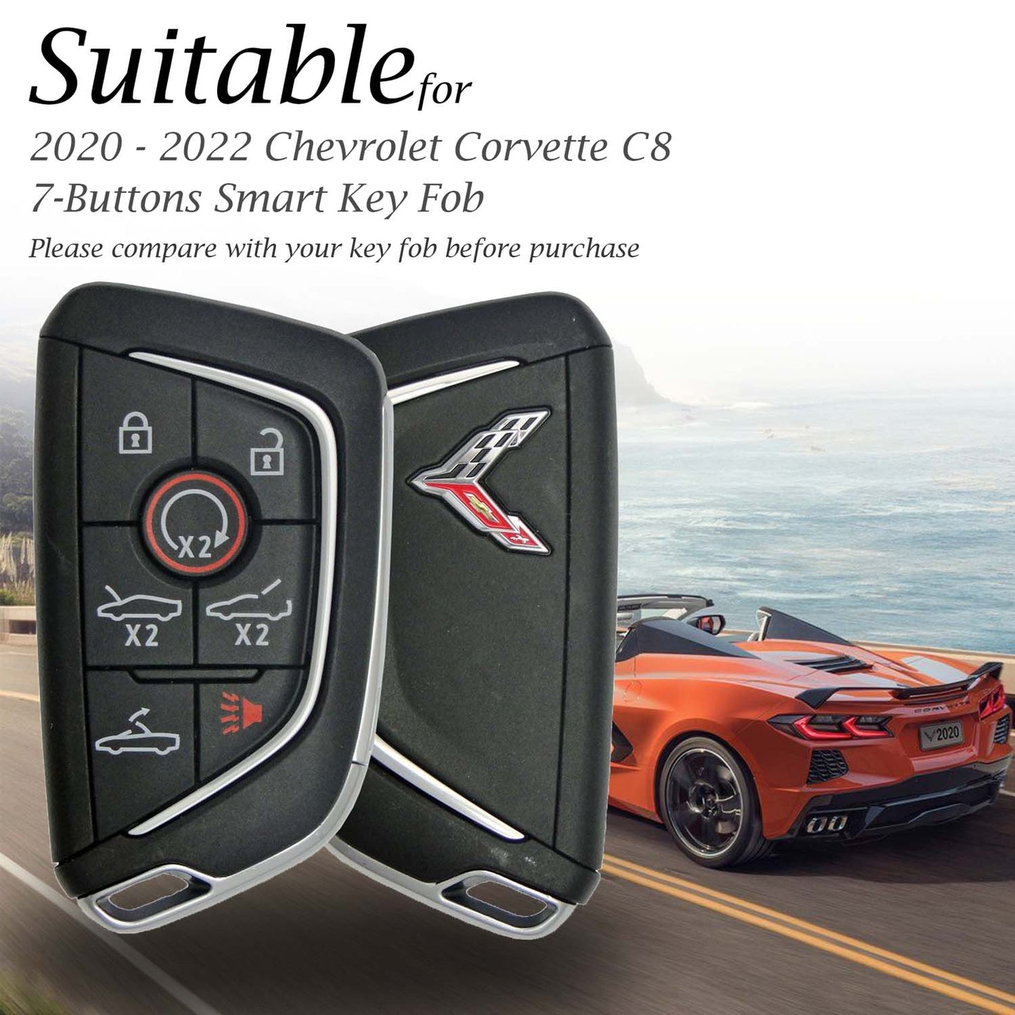 Vitodeco Genuine Leather Smart Key Fob Case with Leather Key Strap Compatible for Chevrolet Corvette (2020 - 2026 Models) - 7-Button