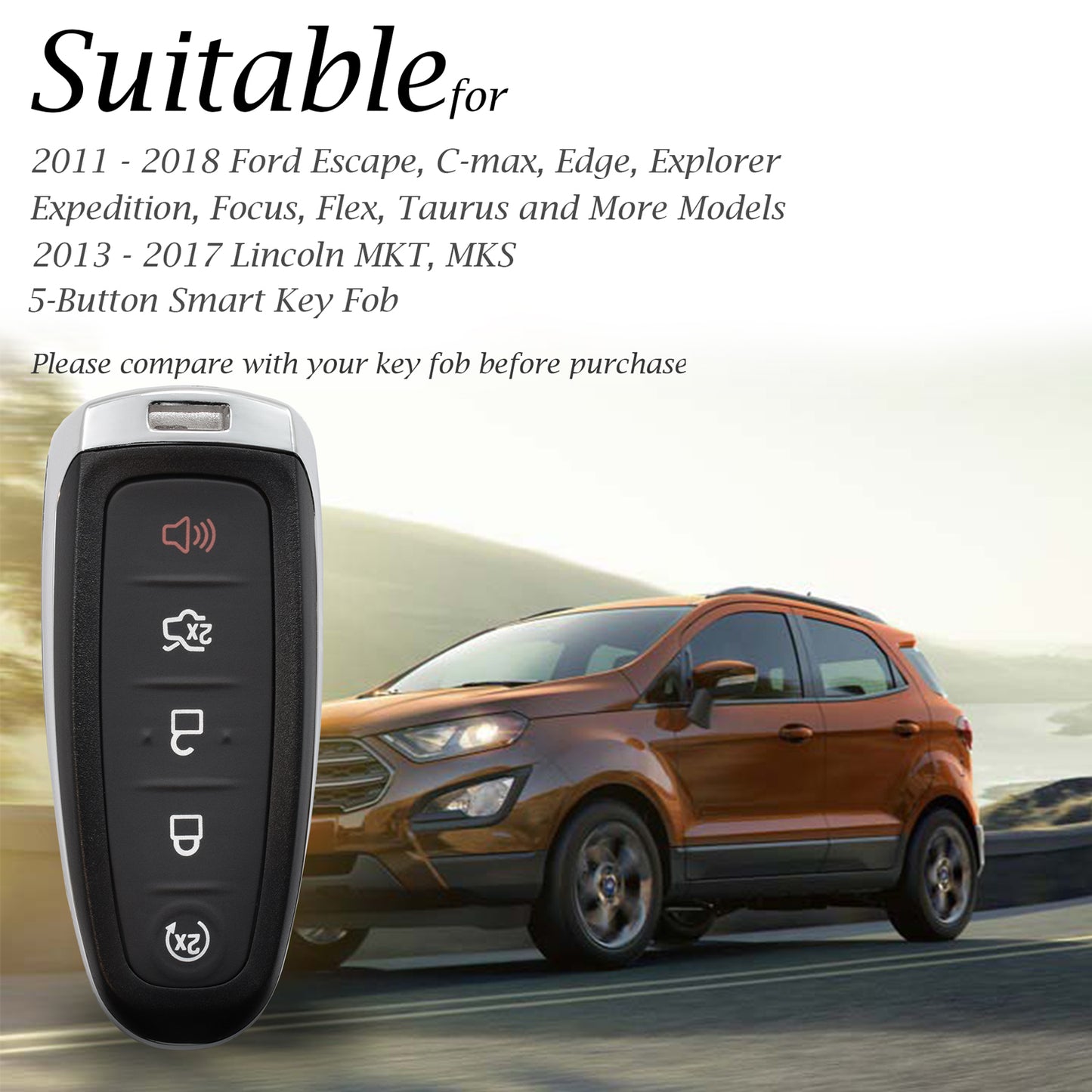 Vitodeco Genuine Leather Smart Key Fob Case Compatible for Lincoln MKT, MKS, Ford Escape, C-max, Edge, Explorer, Expedition, Focus, Flex, Taurus, 5-Button