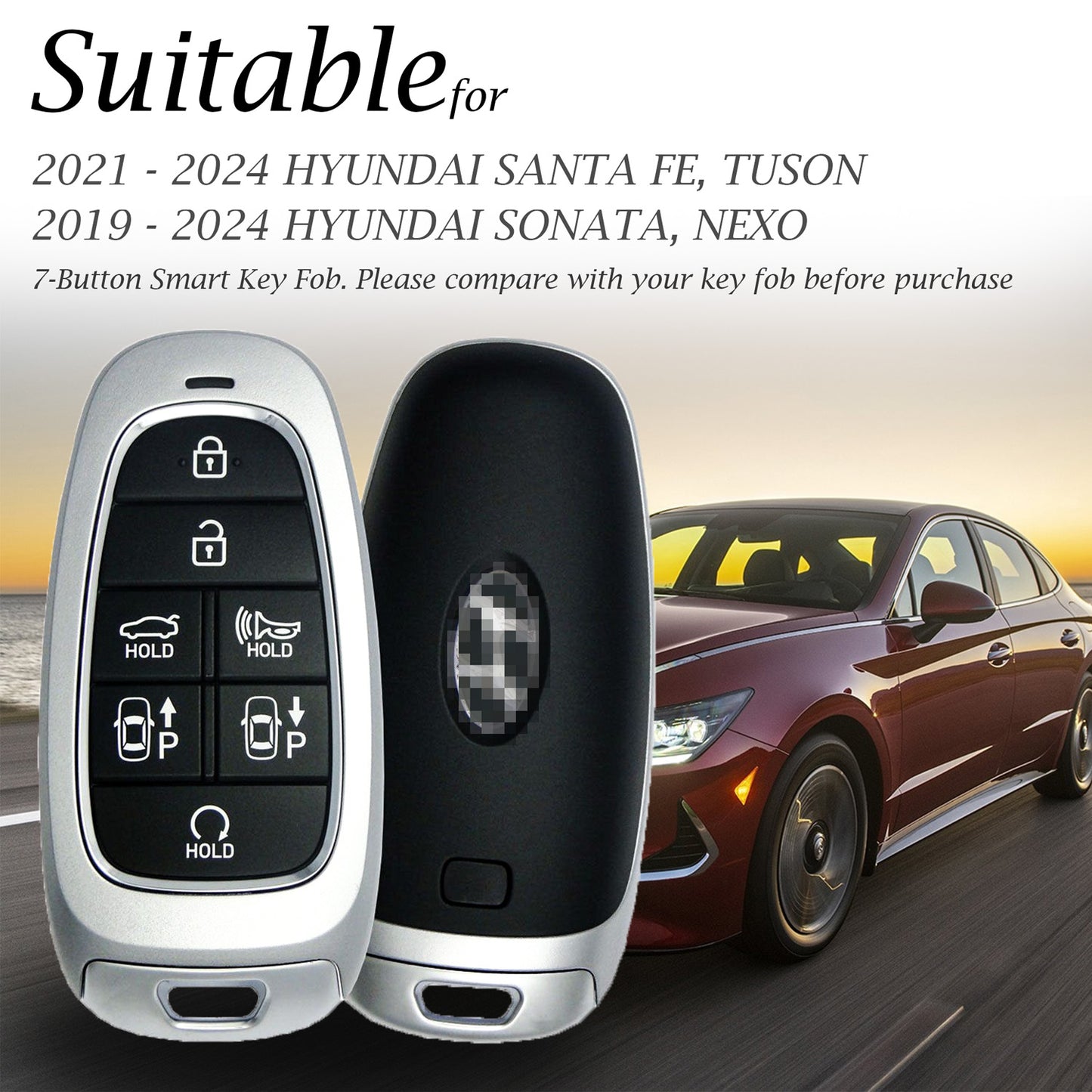 Vitodeco Leather Smart Key Fob Case Compatible with Tucson, Santa FE 2021 - 2025, Sonata, Nexo 2019 - 2025, 7-Button