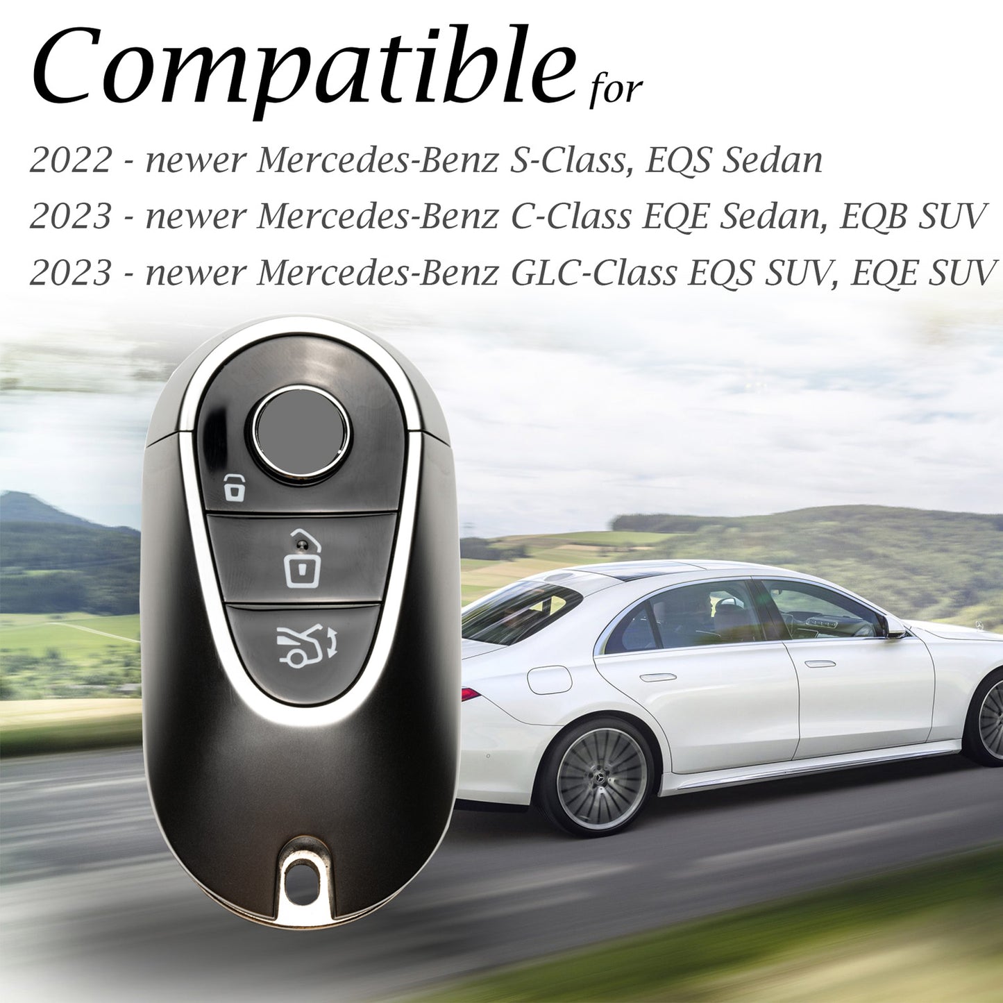 Vitodeco Genuine Leather Smart Key Fob Case Compatible with Mercedes-Benz C-Class, S-Class, GLC, EQB SUV, EQS Sedan, EQS SUV, EQE Sedan, EQE SUV (2023-2026 Models) - 3-Button