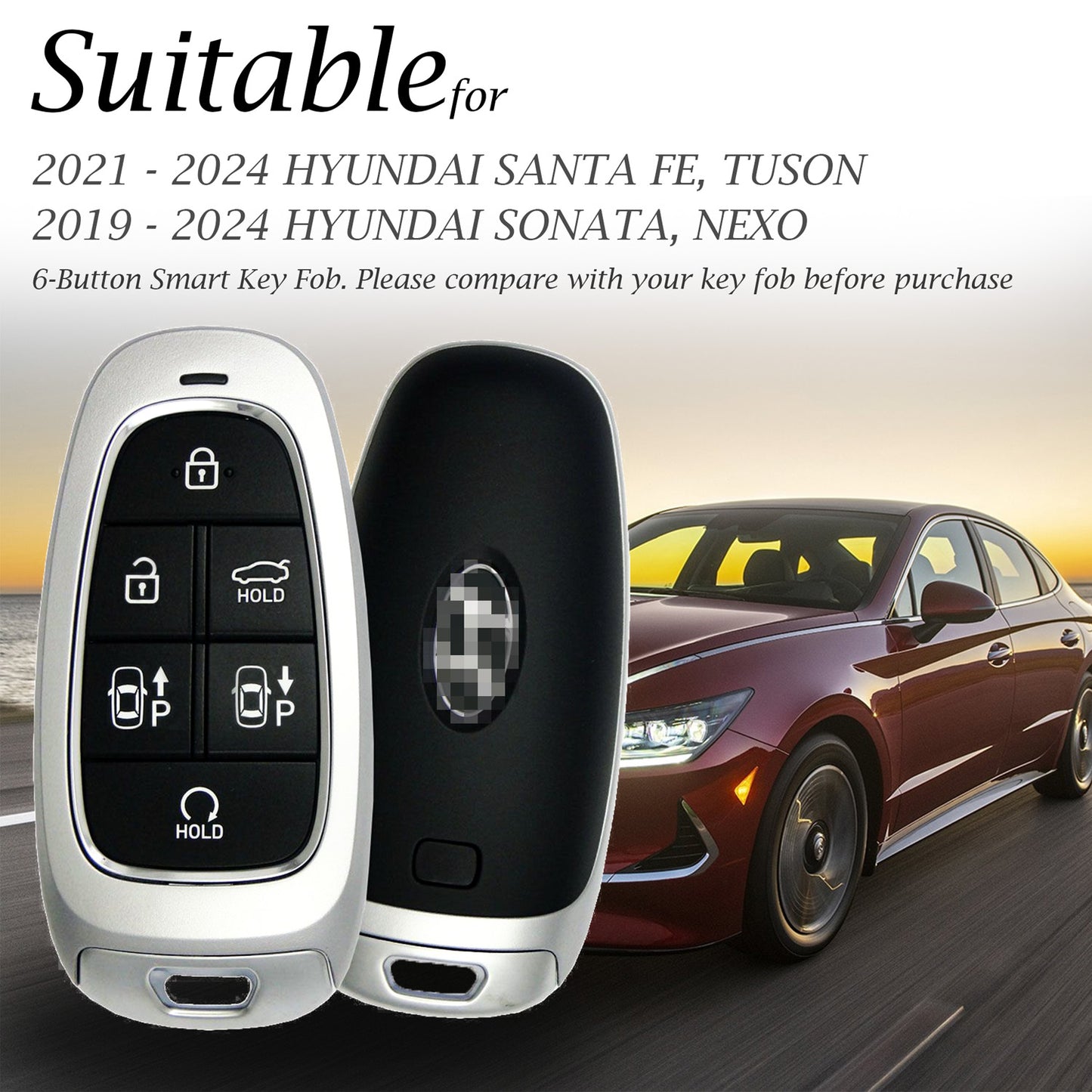 Vitodeco Leather Smart Key Fob Case Compatible with Tucson, Santa FE 2021 - 2025, Sonata, Nexo 2019 - 2024, 6-Button