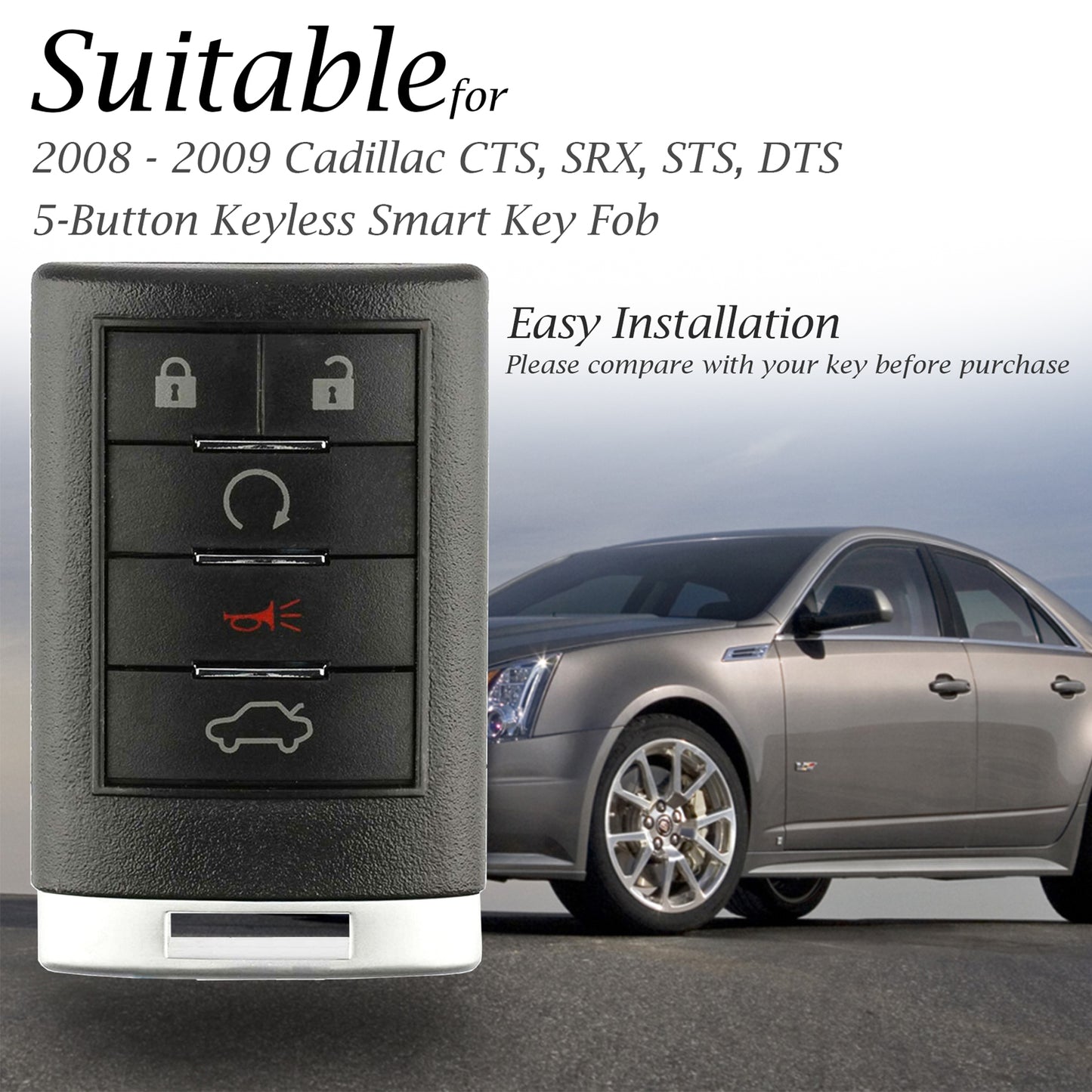 Vitodeco Genuine Leather Smart Key Fob Case Cover Protector Compatible for Cadillac CTS, SRX, STS, DTS 2008-2009, 5-Button