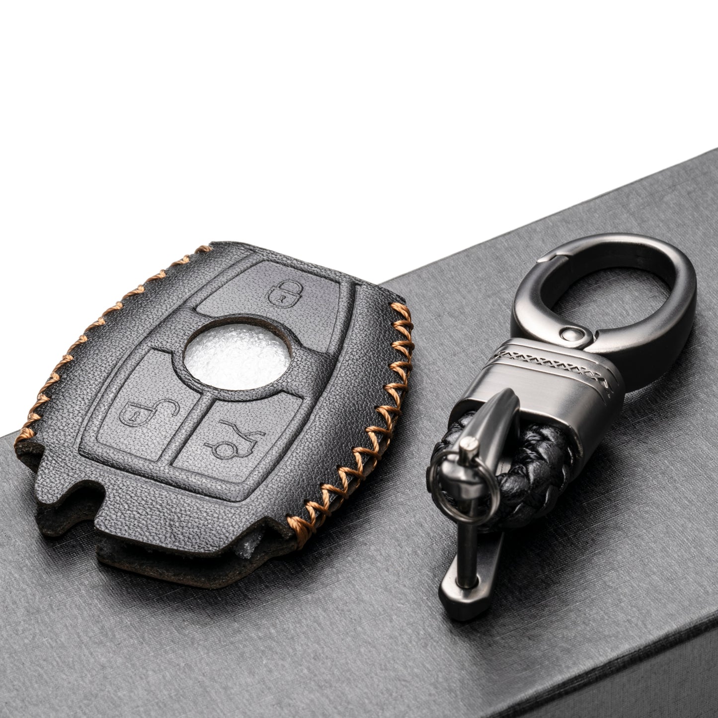 Vitodeco Leather Key Fob Case Compatible for Mercedes-Benz C E S M CLS CLK GLK GL Class, 4-Button