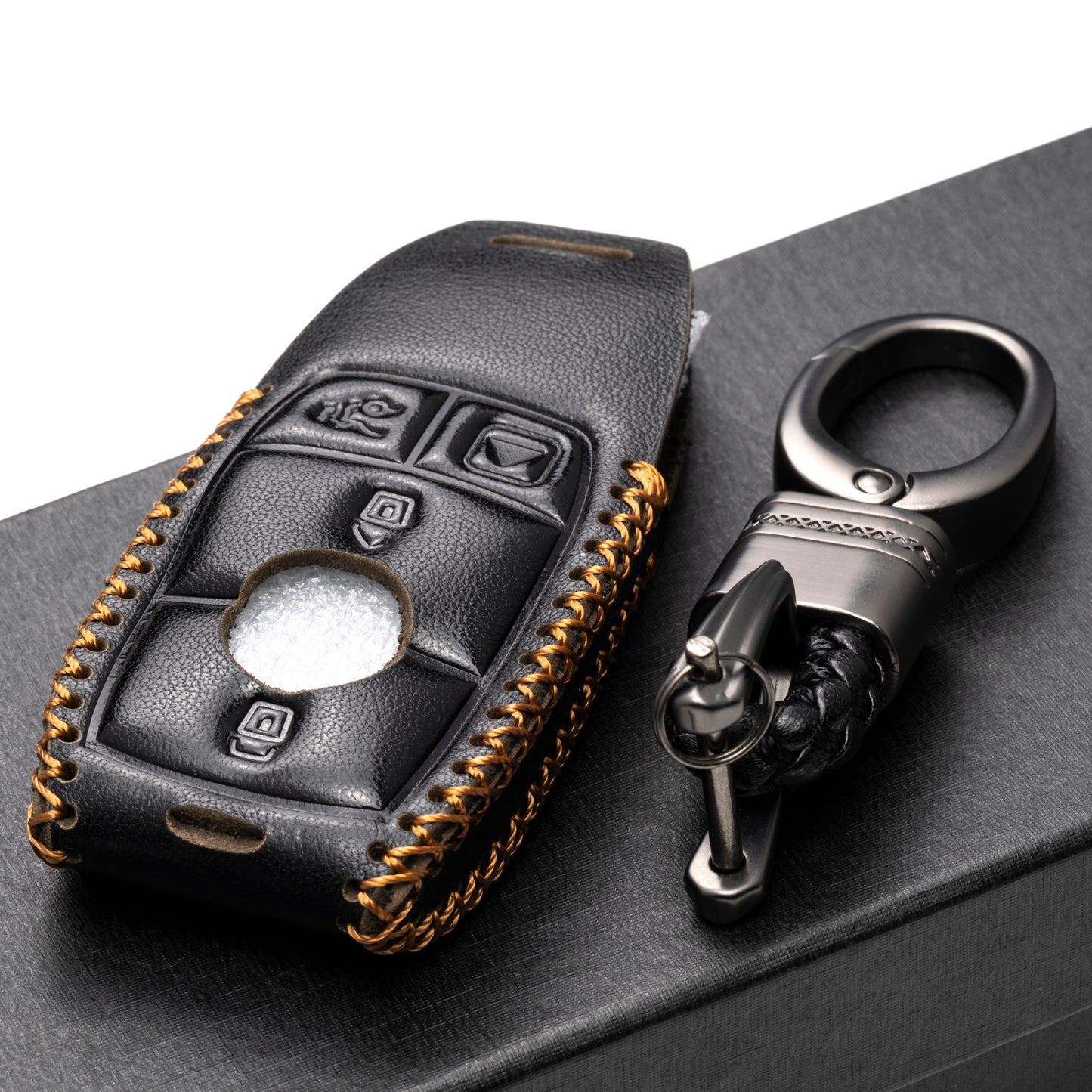 Vitodeco Leather Key Fob Case Compatible for Mercedes-Benz A, C, E, S, CLA, CLS, GLA, GLB, GLC, GLE, GLS, G Glass 2017-2024, 4-Button