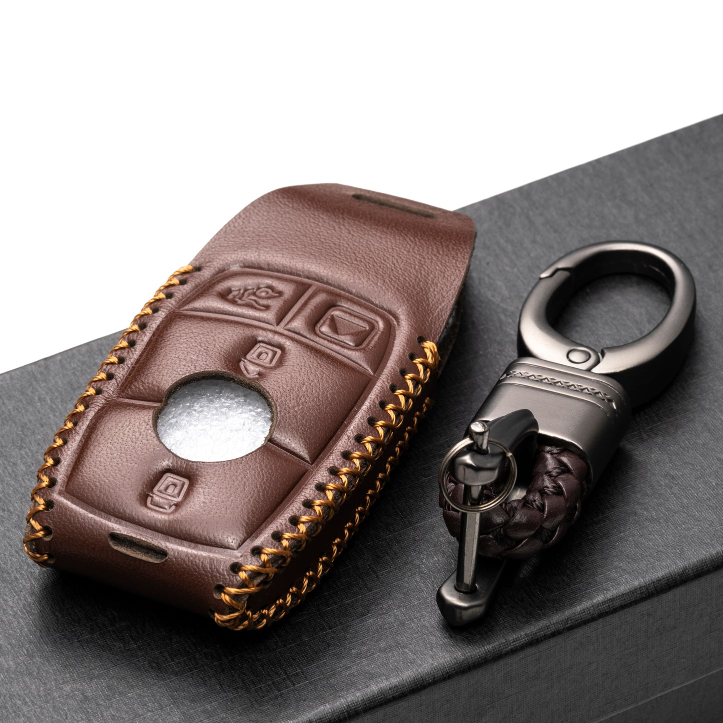 Vitodeco Leather Key Fob Case Compatible for Mercedes-Benz A, C, E, S, CLA, CLS, GLA, GLB, GLC, GLE, GLS, G Glass 2017-2024, 4-Button