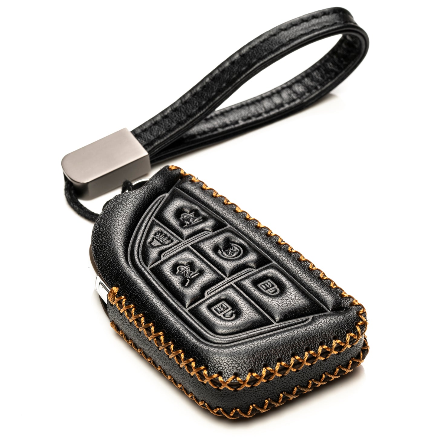 Vitodeco 6-Button Genuine Leather Smart Key Fob Remote Case with Leather Key Strap Compatible for Cadillac Escalade 2021-2024