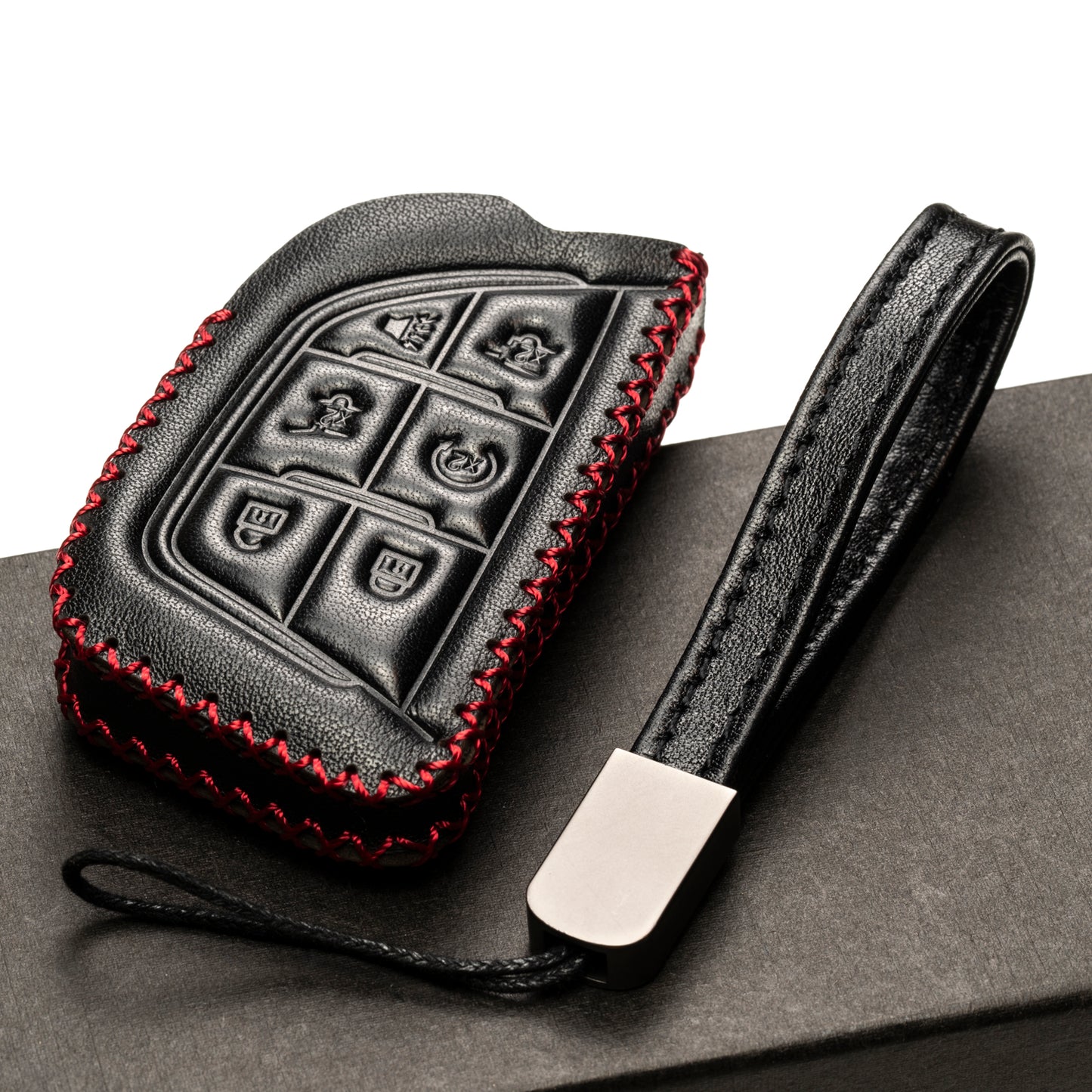 Vitodeco 6-Button Genuine Leather Smart Key Fob Remote Case with Leather Key Strap Compatible for Cadillac Escalade 2021-2024