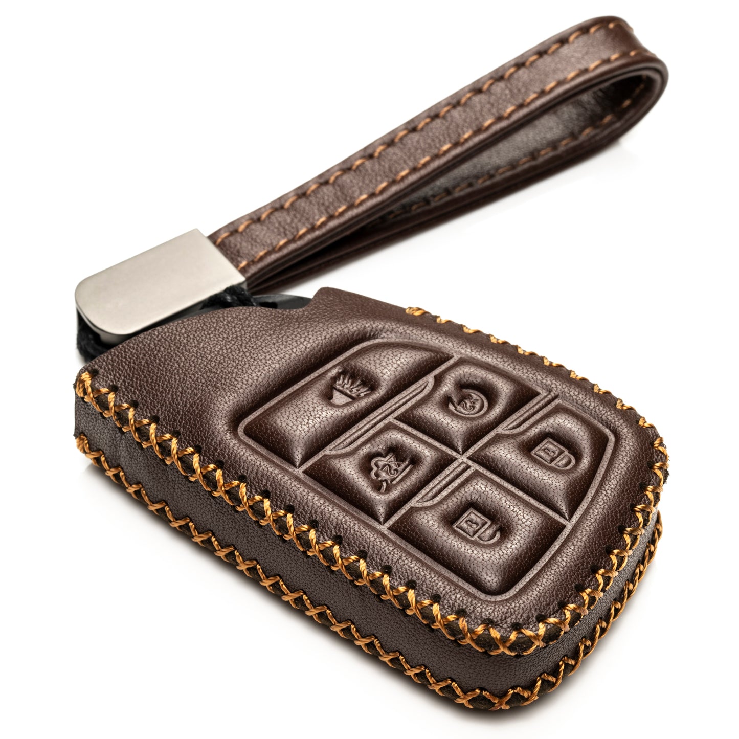 Vitodeco 5-Button Genuine Leather Smart Key Fob Case with Leather Key Strap Compatible with Chevrolet Suburban 2024, Chevrolet Tahoe 2024, Chevrolet Silverado 2024
