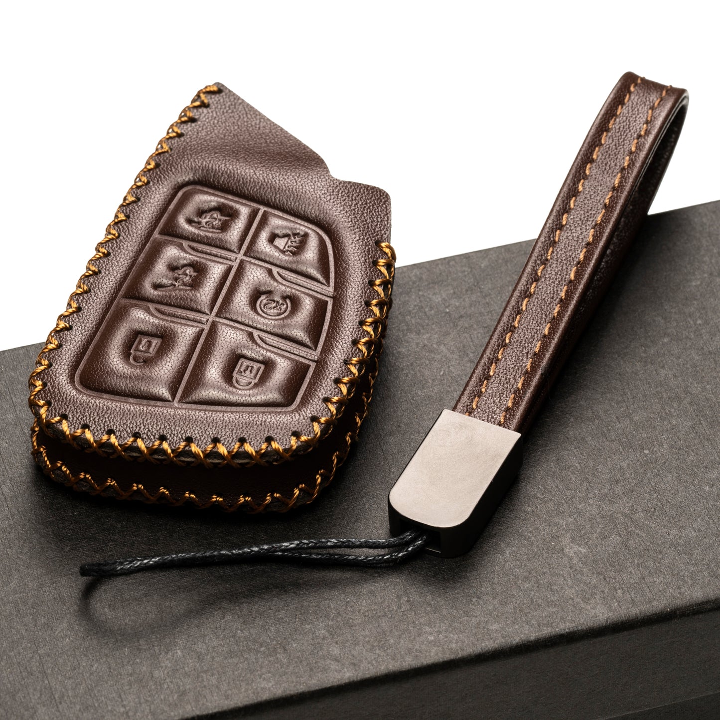 Vitodeco 6-Button Genuine Leather Smart Key Fob Case with Leather Key Strap Compatible with Chevrolet Suburban 2023, Chevrolet Tahoe 2023, Chevrolet Silverado 2023