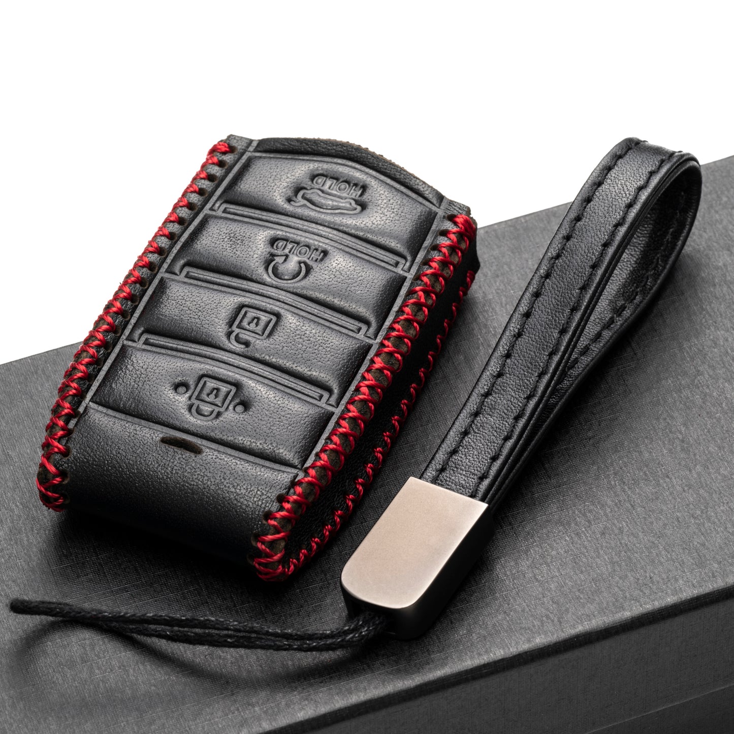 Vitodeco 4-Button Genuine Leather Smart Key Fob Case Cover Protector with Leather Key Strap Compatible for 2017-2020 Genesis G70, G80, G90 (Remote Start)