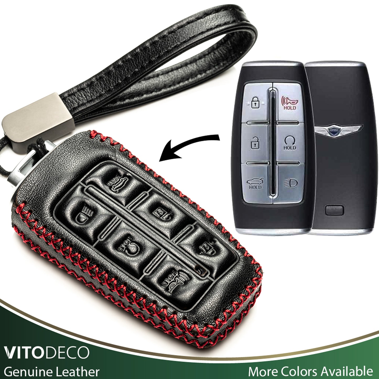 Vitodeco Leather Key Fob Case Compatible for Genesis GV70, GV80, G70, G80, G90 2021-2022, 6-Button