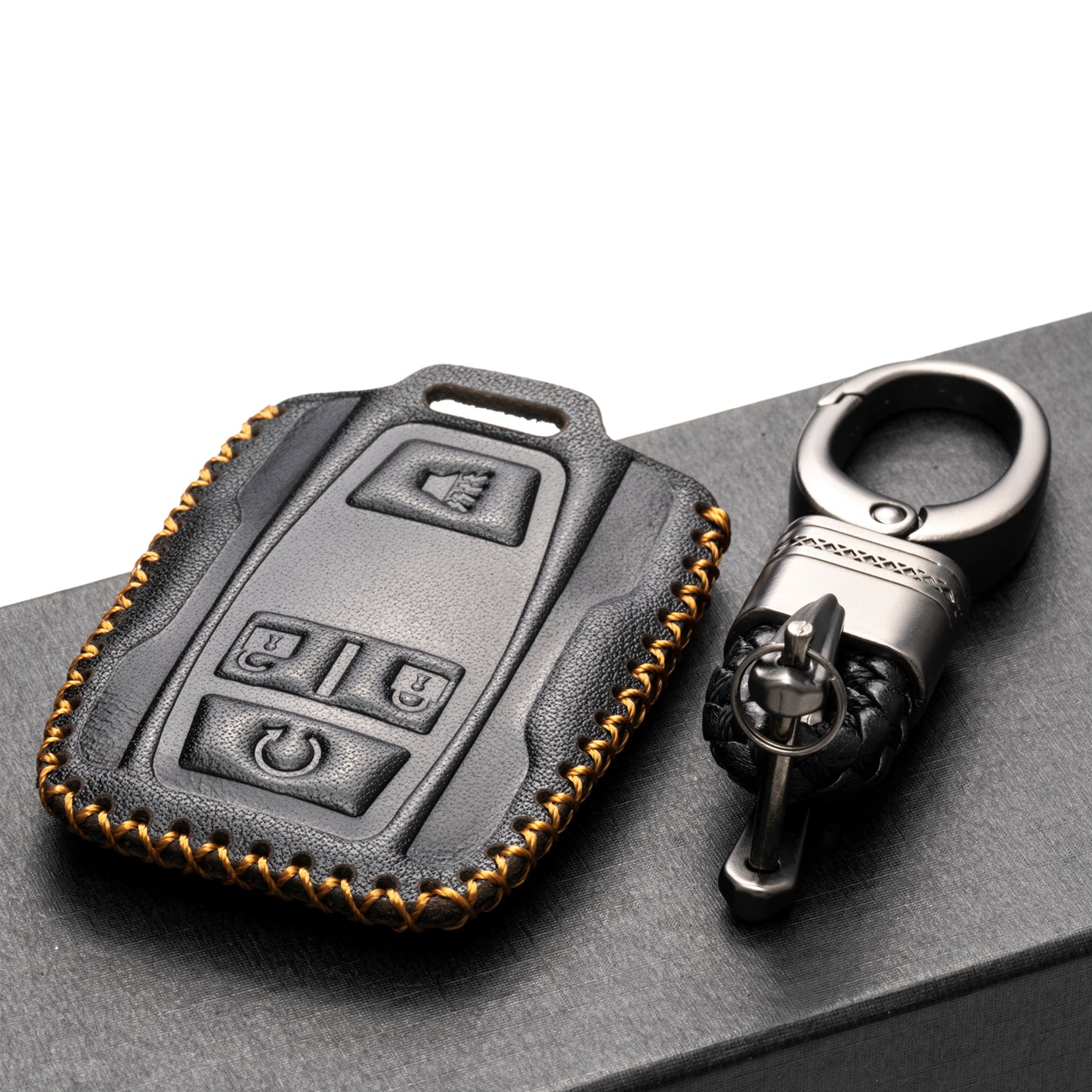 Vitodeco 4-Button Genuine Leather Key Fob Case Cover Compatible for 2019-2021 GMC Sierra, Canyon, Chevy Silverado 1500, Tahoe, Colorado, Suburban