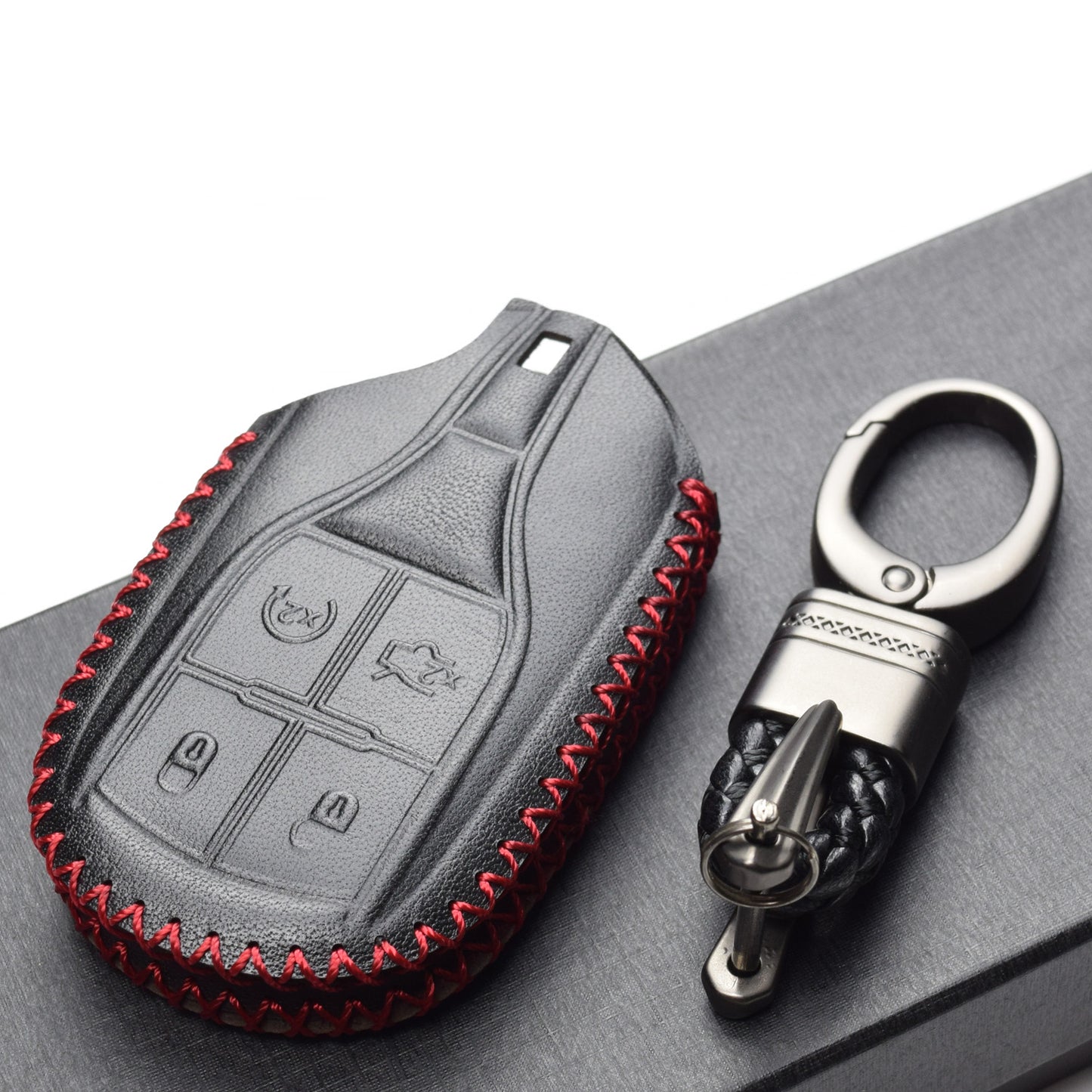 Vitodeco 4-Button Genuine Leather Smart Key Fob Case Cover Compatible for Maserati Ghibli, Levante, Quattroporte (Remote Start)