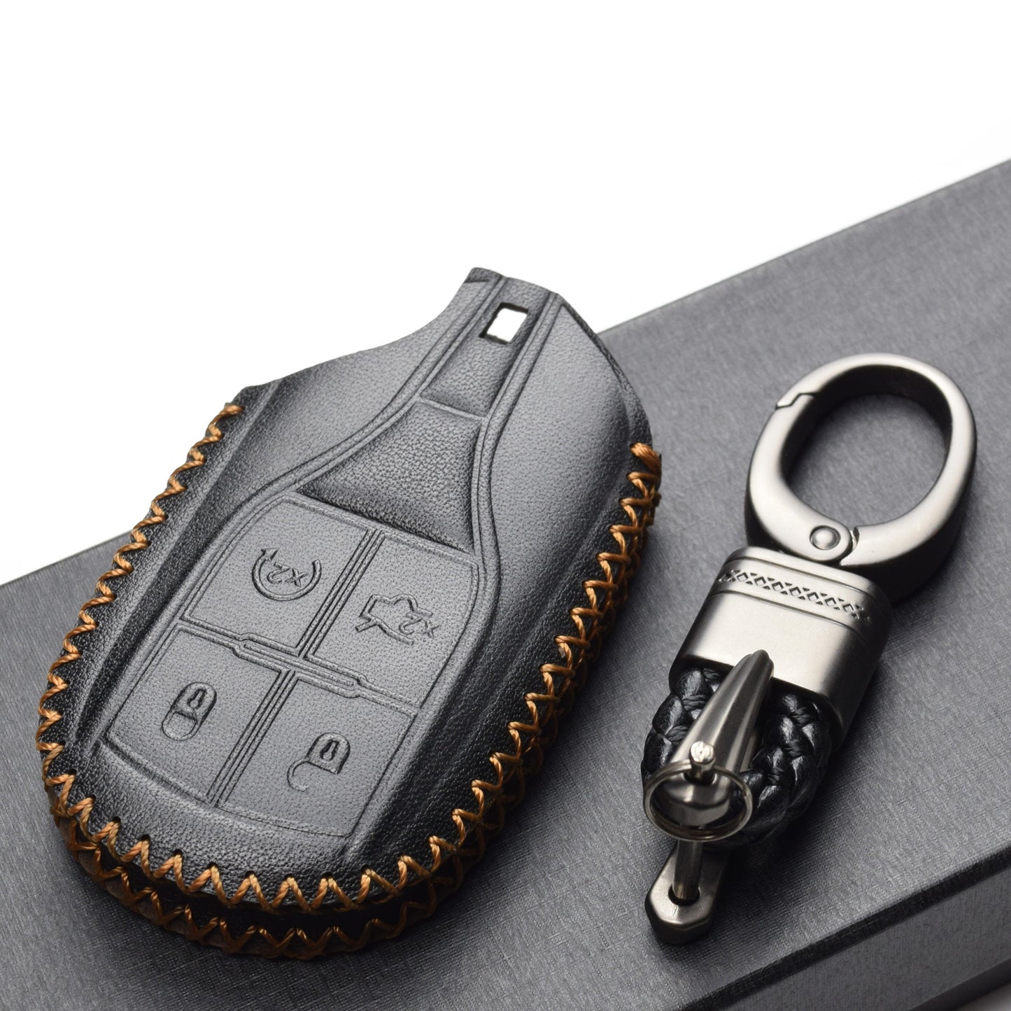 Vitodeco Leather Key Fob Case Compatible for Maserati Ghibli, Levante, Quattroporte, Remote Start, 4-Button