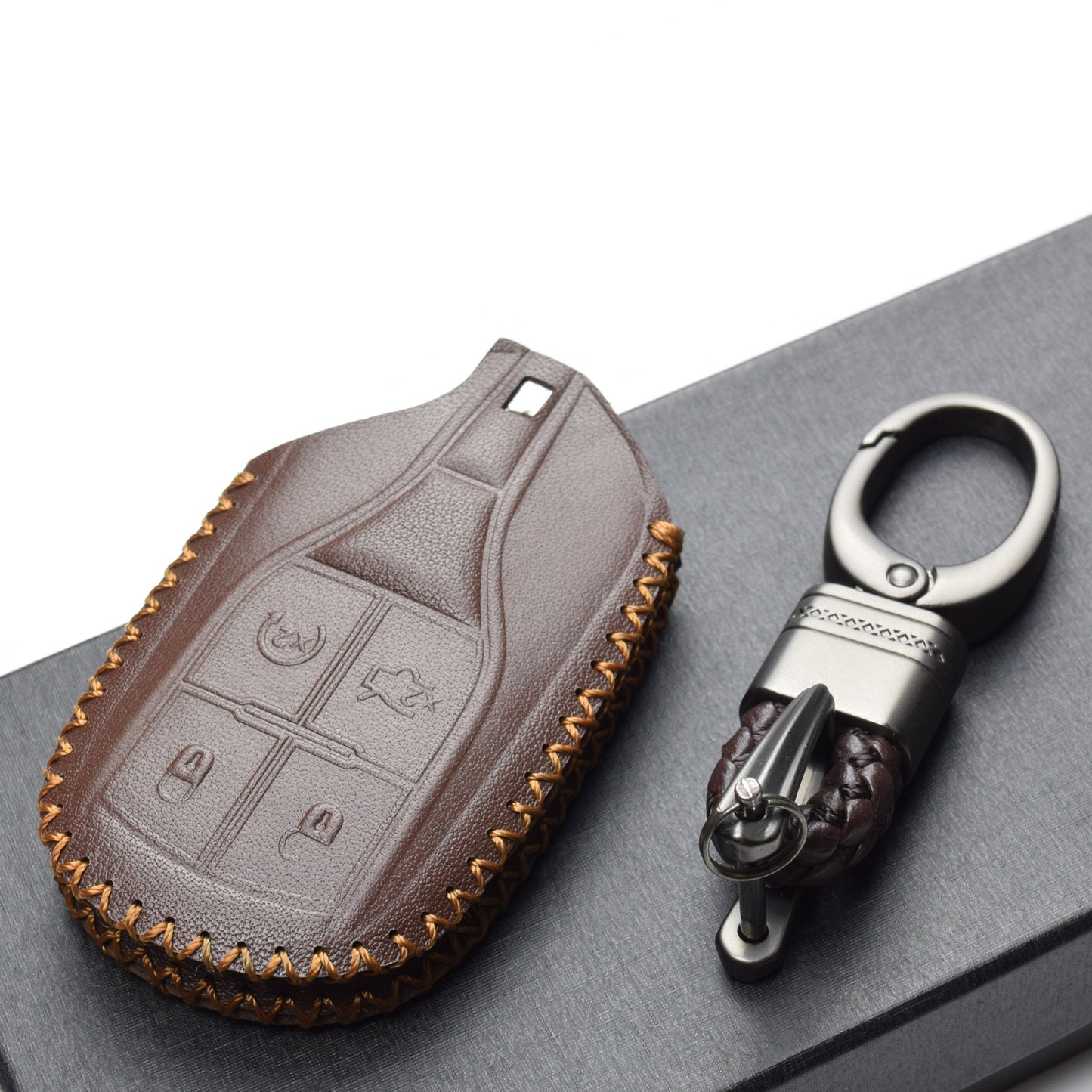 Vitodeco 4-Button Genuine Leather Smart Key Fob Case Cover Compatible for Maserati Ghibli, Levante, Quattroporte (Remote Start)