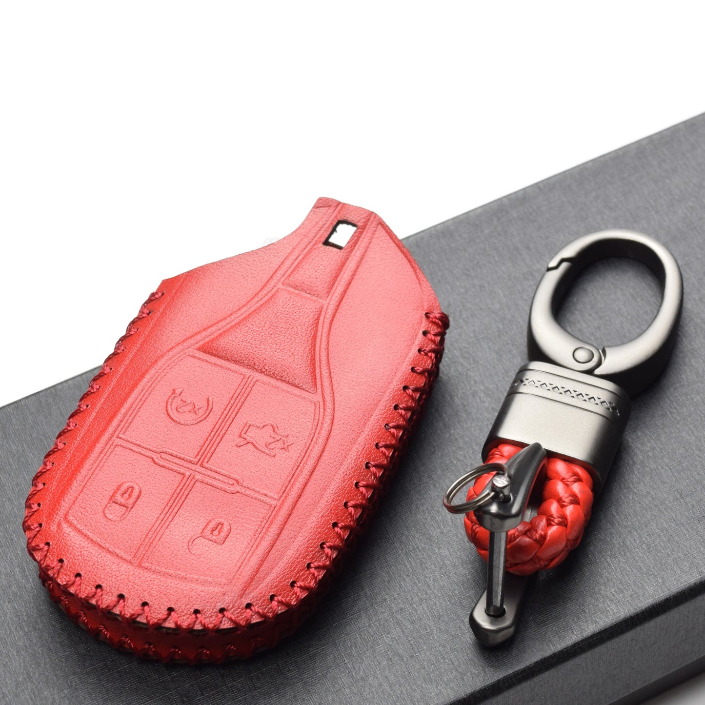 Vitodeco 4-Button Genuine Leather Smart Key Fob Case Cover Compatible for Maserati Ghibli, Levante, Quattroporte (Remote Start)