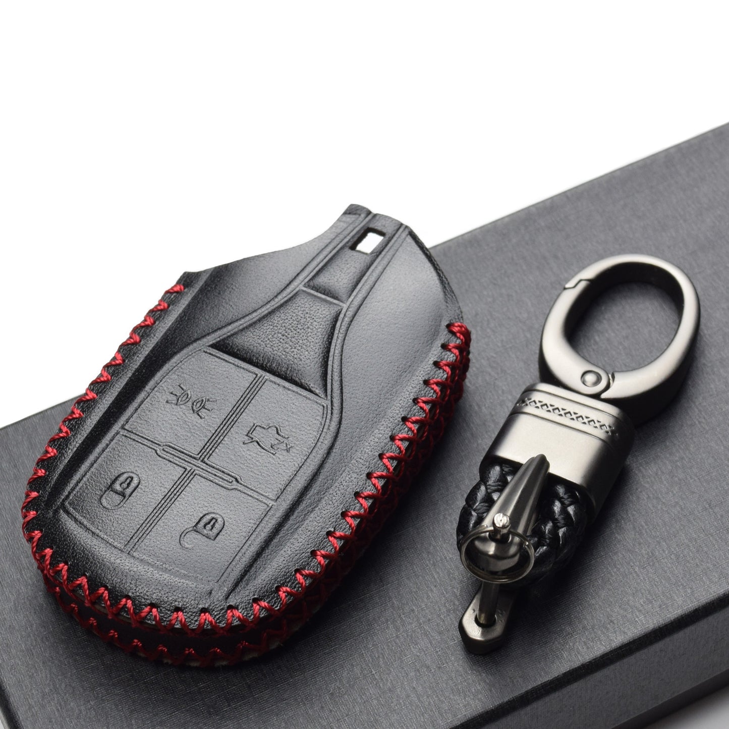 Vitodeco 4-Button Genuine Leather Keyless Smart Key Fob Case Cover Compatible with Maserati Ghibli, Levante, Quattroporte (Remote Light Button)