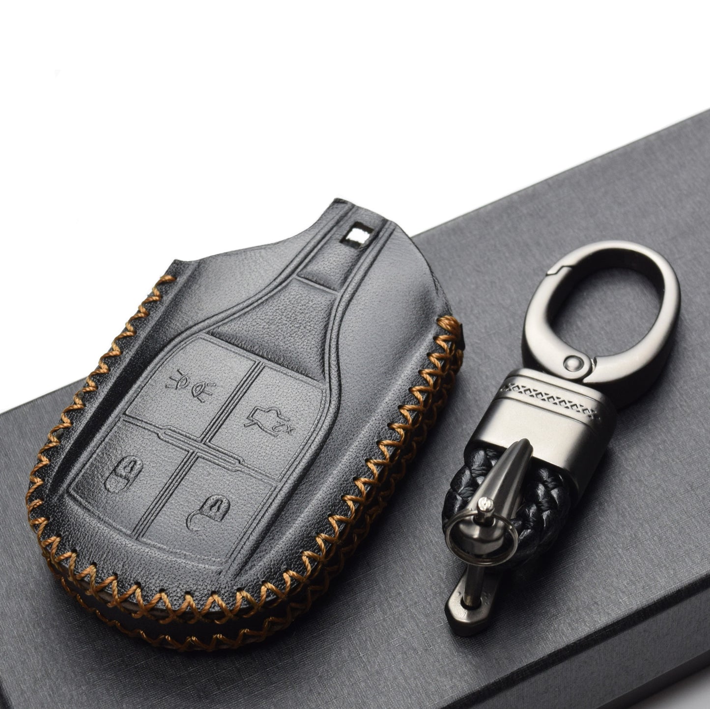 Vitodeco 4-Button Genuine Leather Keyless Smart Key Fob Case Cover Compatible with Maserati Ghibli, Levante, Quattroporte (Remote Light Button)