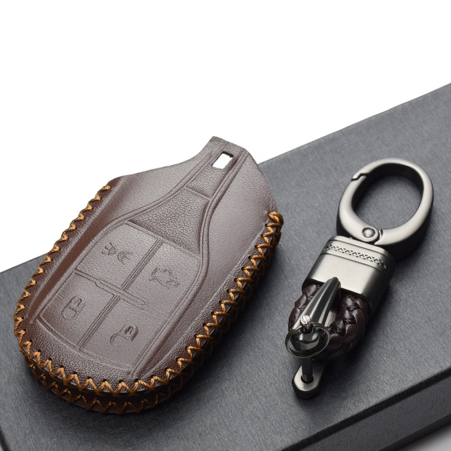 Vitodeco Leather Key Fob Case Compatible for Maserati Ghibli, Levante, Quattroporte, Remote Light Button, 4-Button