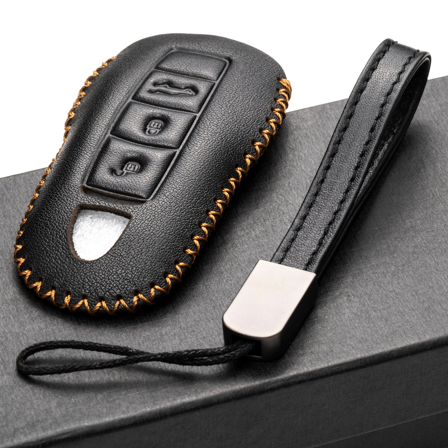Vitodeco 3-Button Genuine Leather Smart Key Fob Case with Leather Key Strap Compatible for Porsche 718, Porsche 911, Porsche Panamera, Porsche Cayenne