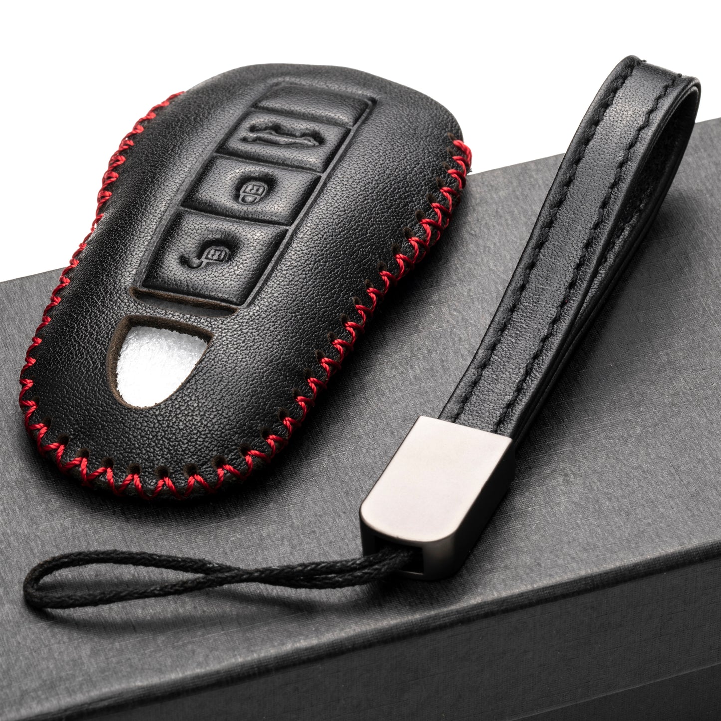 Vitodeco 3-Button Genuine Leather Smart Key Fob Case with Leather Key Strap Compatible for Porsche 718, Porsche 911, Porsche Panamera, Porsche Cayenne