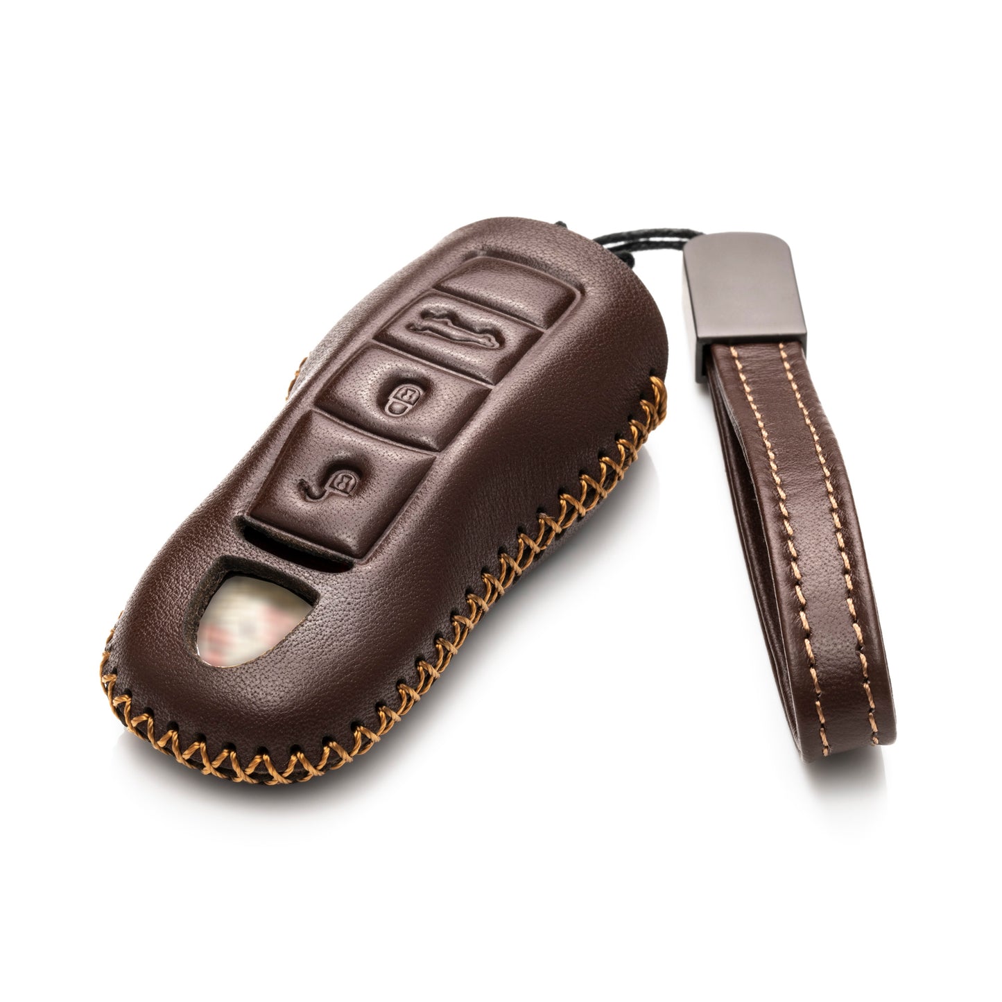 Vitodeco Genuine Leather Smart Key Fob Case with Leather Key Strap Compatible for Porsche 911, Cayenne, Macan, Panamera, Cayman, Boxster (2010 - 2022 Models) - 3 Buttons