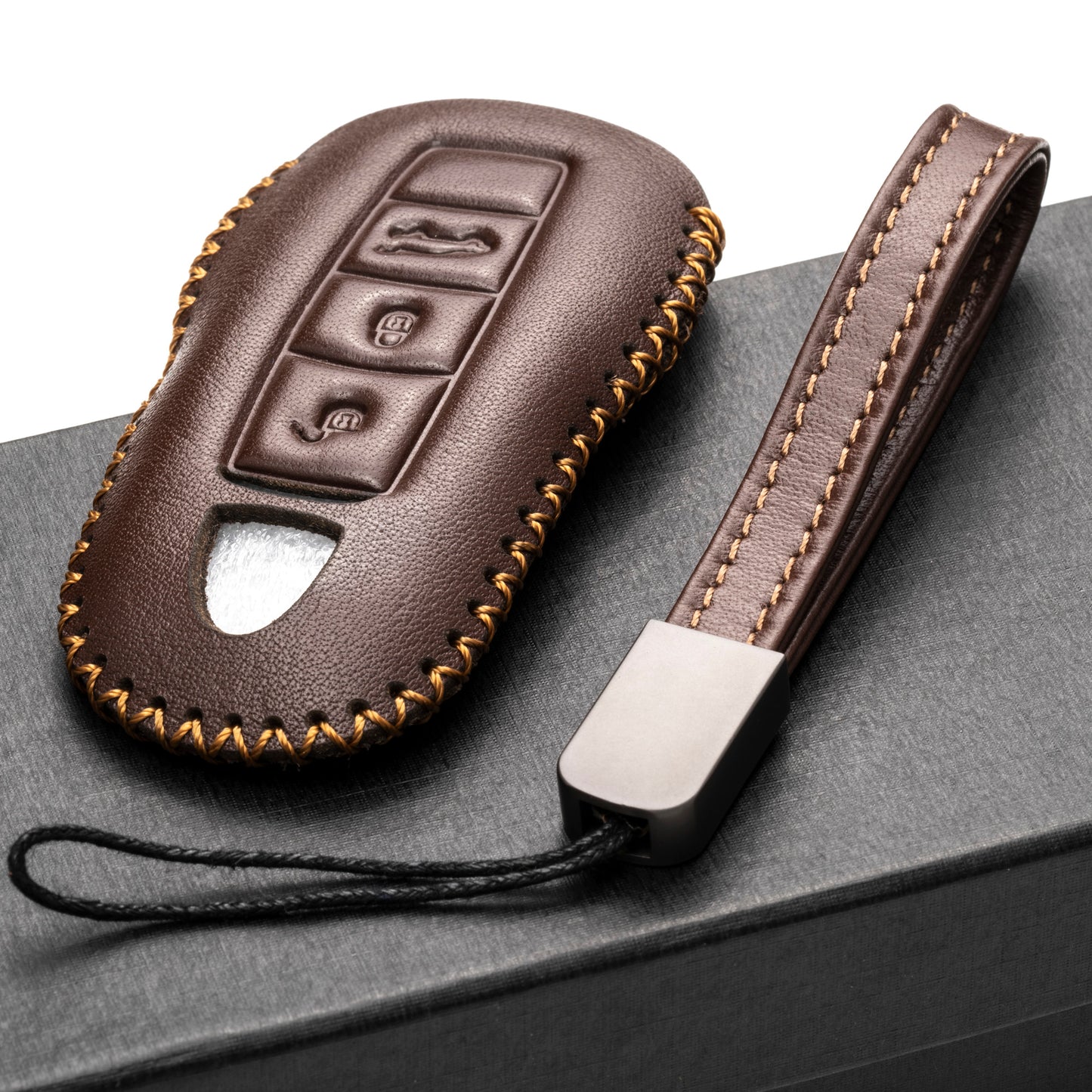 Vitodeco Genuine Leather Smart Key Fob Case with Leather Key Strap Compatible for Porsche 911, Cayenne, Macan, Panamera, Cayman, Boxster (2010 - 2022 Models) - 3 Buttons