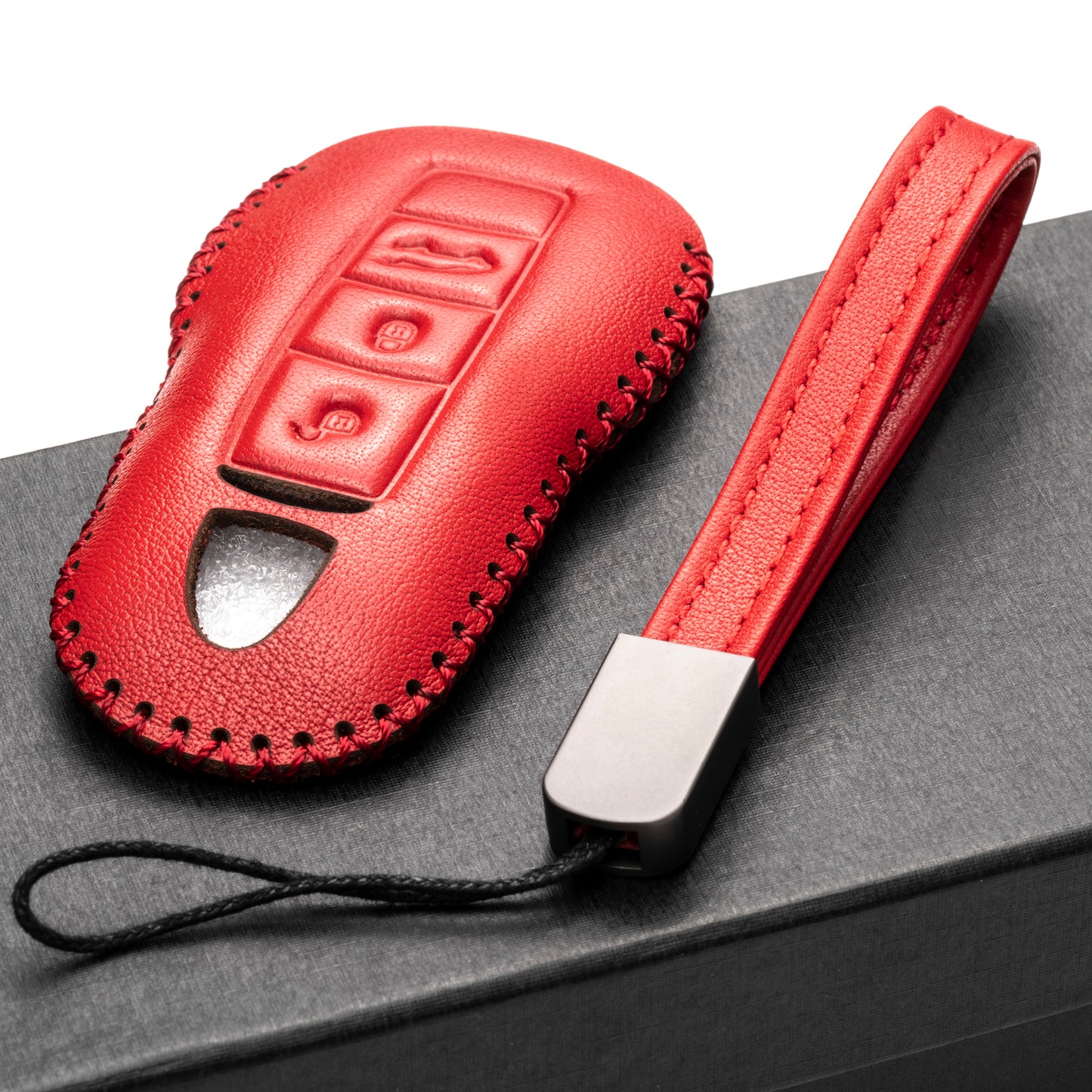 Vitodeco Genuine Leather Smart Key Fob Case with Leather Key Strap Compatible for Porsche 911, Cayenne, Macan, Panamera, Cayman, Boxster (2010 - 2022 Models) - 3 Buttons