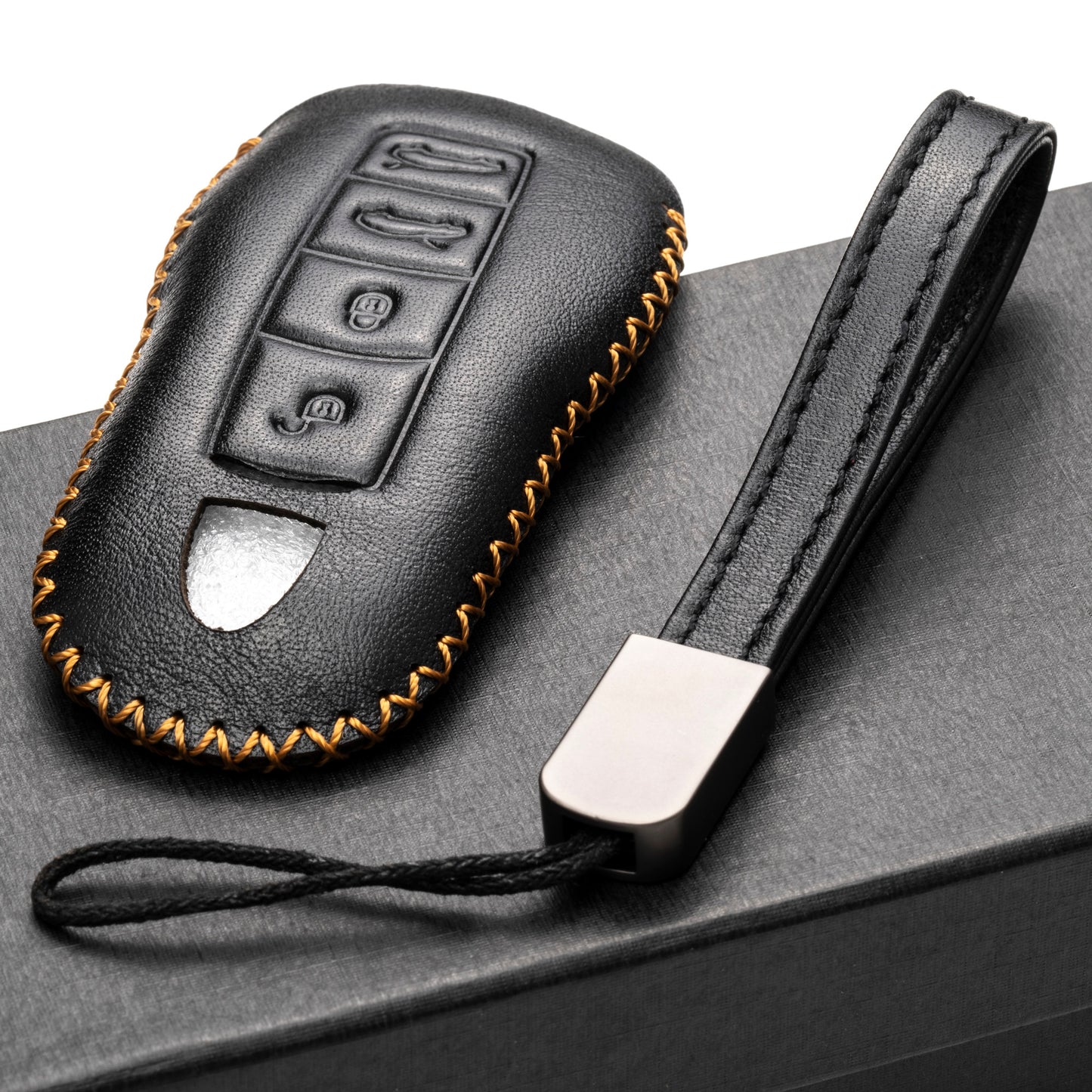 Vitodeco Genuine Leather Smart Key Fob Case with Leather Key Strap Compatible for Porsche 911, Cayenne, Macan, Panamera, Cayman, Boxster (2010 - 2022 Models), 4-Button