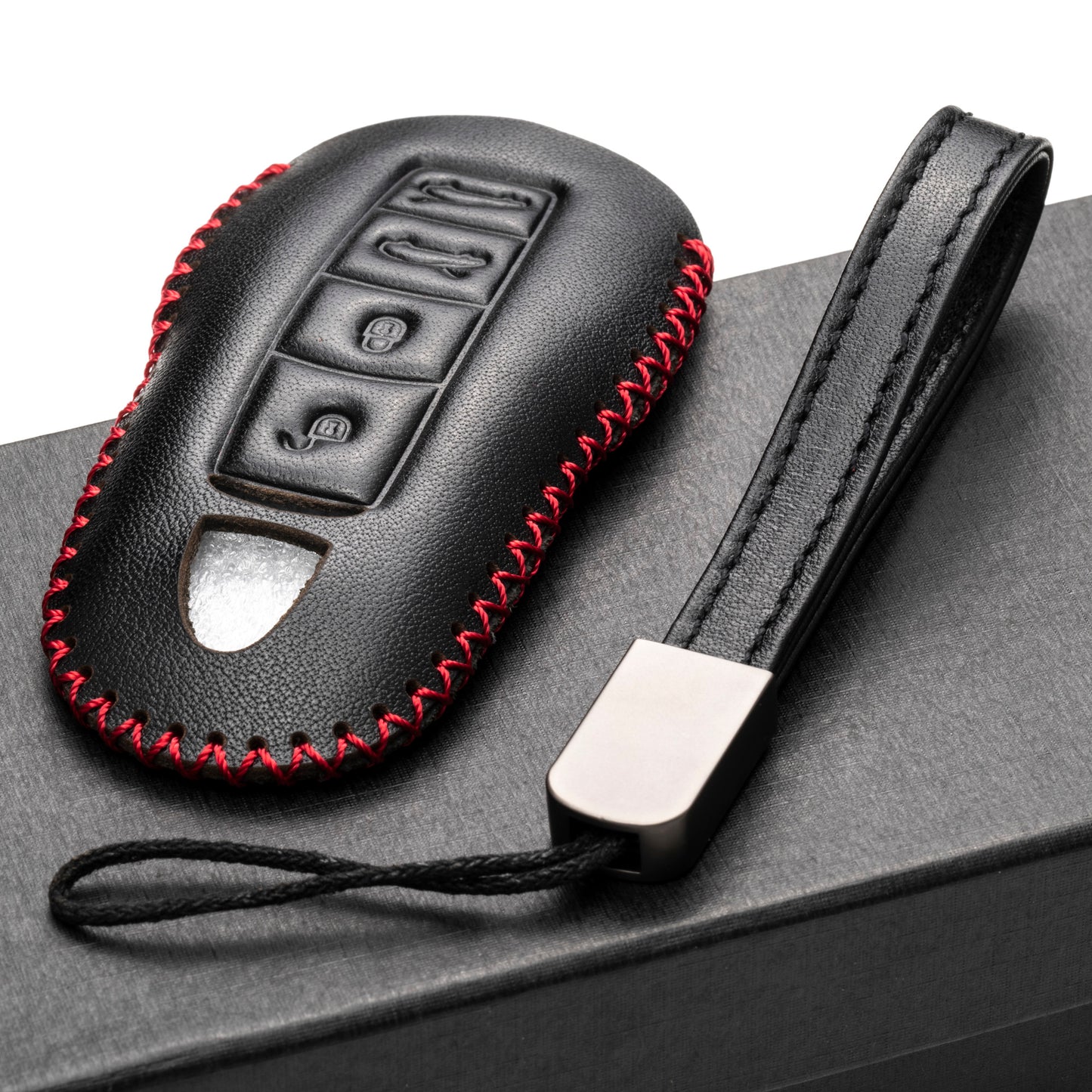 Vitodeco Genuine Leather Smart Key Fob Case with Leather Key Strap Compatible for Porsche 911, Cayenne, Macan, Panamera, Cayman, Boxster (2010 - 2022 Models), 4-Button