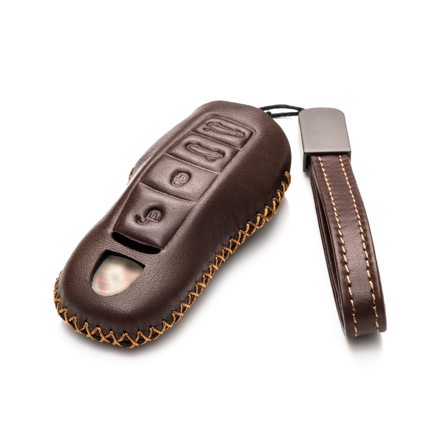 Vitodeco Genuine Leather Smart Key Fob Case with Leather Key Strap Compatible for Porsche 911, Cayenne, Macan, Panamera, Cayman, Boxster (2010 - 2022 Models), 4-Button