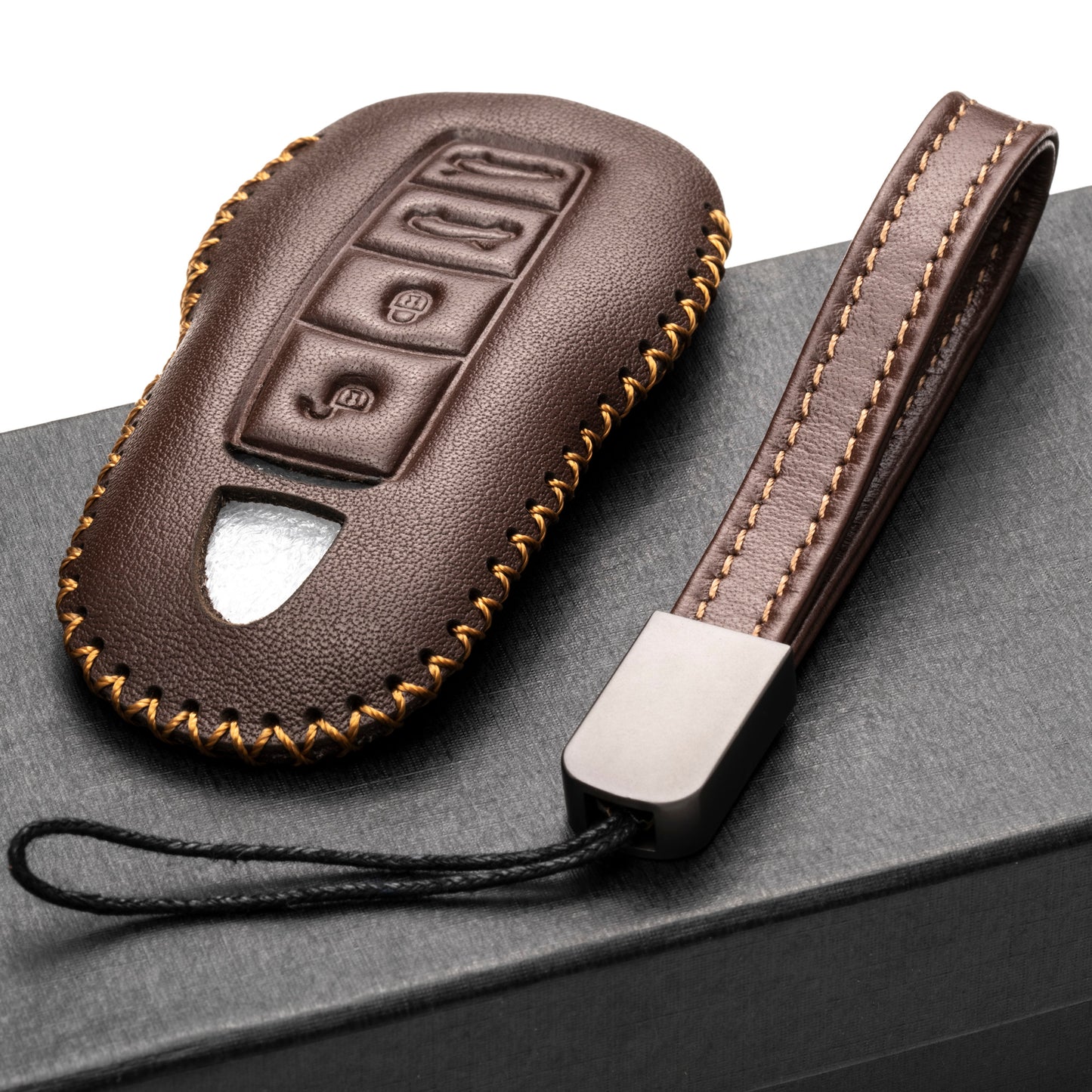 Vitodeco Genuine Leather Smart Key Fob Case with Leather Key Strap Compatible for Porsche 911, Cayenne, Macan, Panamera, Cayman, Boxster (2010 - 2022 Models), 4-Button