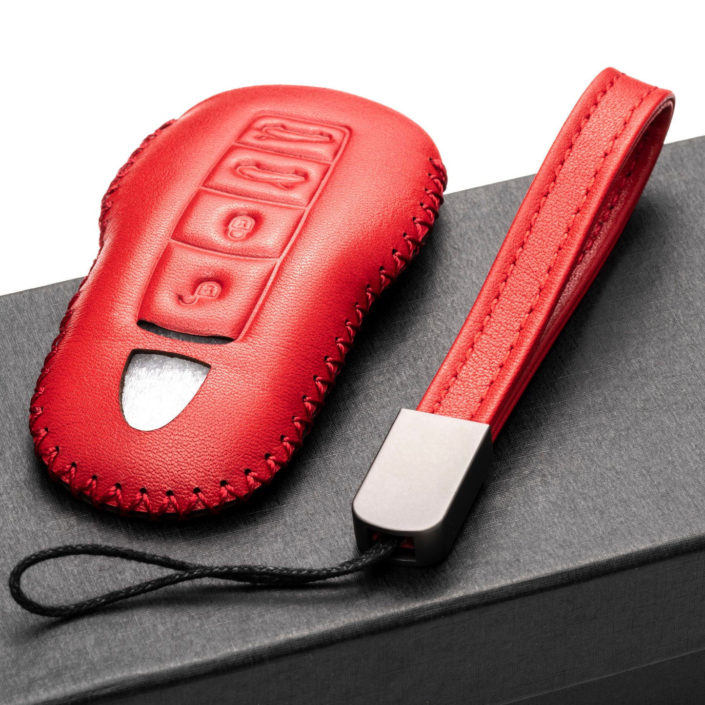 Vitodeco Genuine Leather Smart Key Fob Case with Leather Key Strap Compatible for Porsche 911, Cayenne, Macan, Panamera, Cayman, Boxster (2010 - 2022 Models), 4-Button