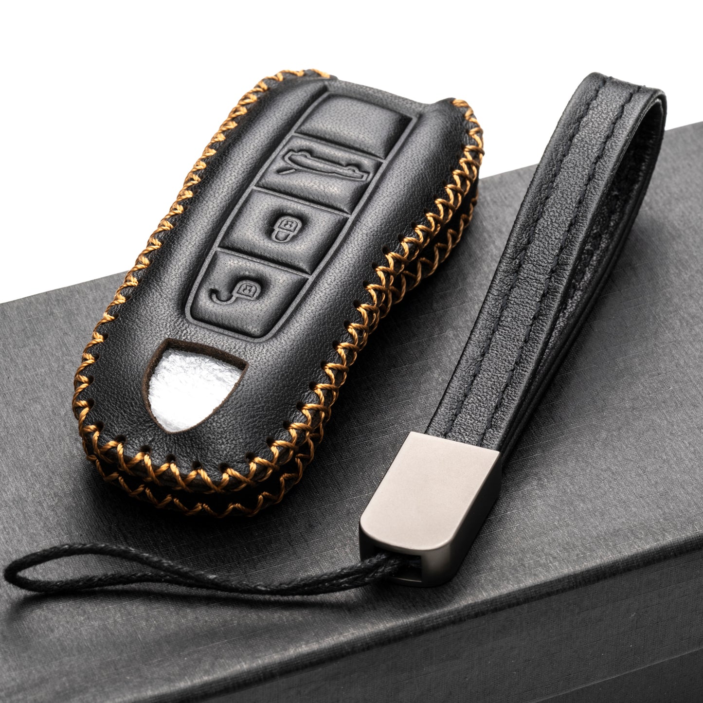 Vitodeco Genuine Leather Smart Key Fob Case Cover Protector with Leather Key Strap Compatible for 2020 - 2025 Porsche Cayenne, Macan, Panamera, 718, 911