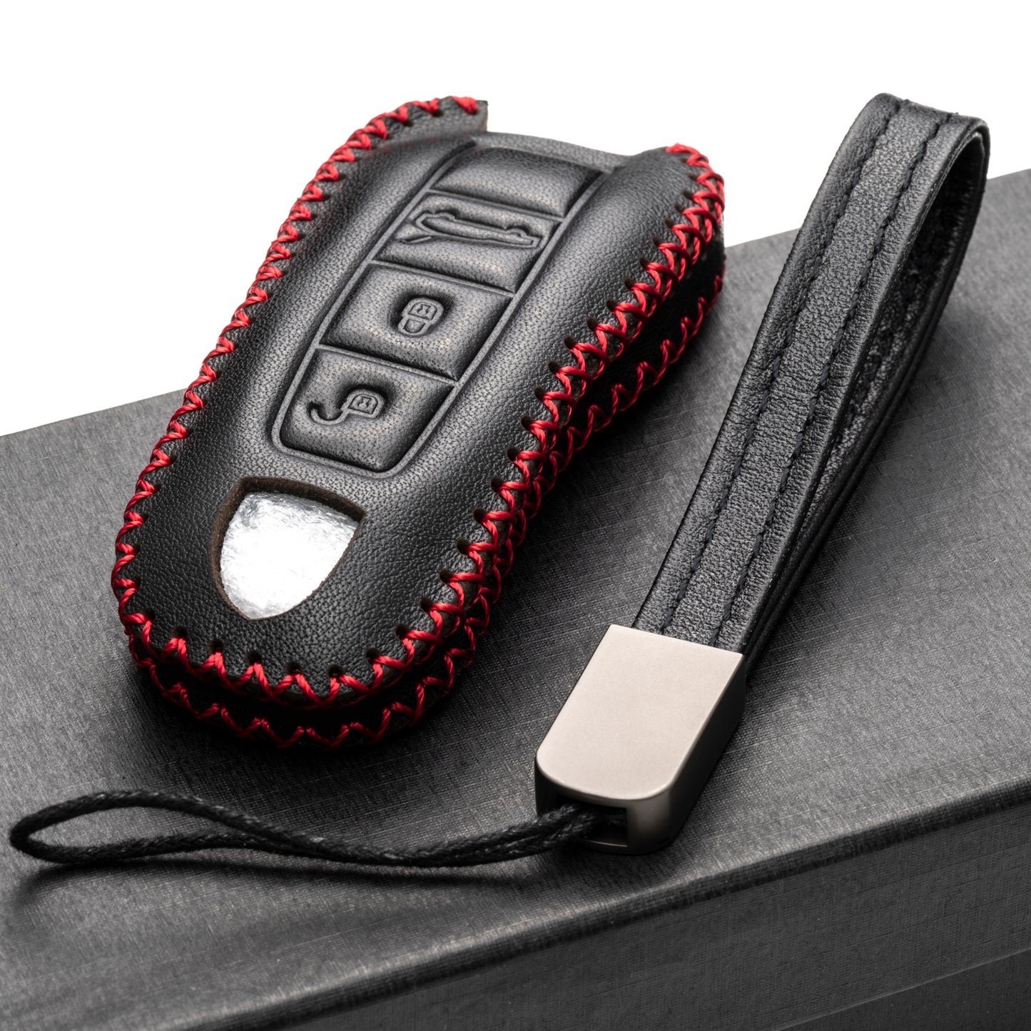 Vitodeco Genuine Leather Smart Key Fob Case Cover Protector with Leather Key Strap Compatible for 2020 - 2025 Porsche Cayenne, Macan, Panamera, 718, 911