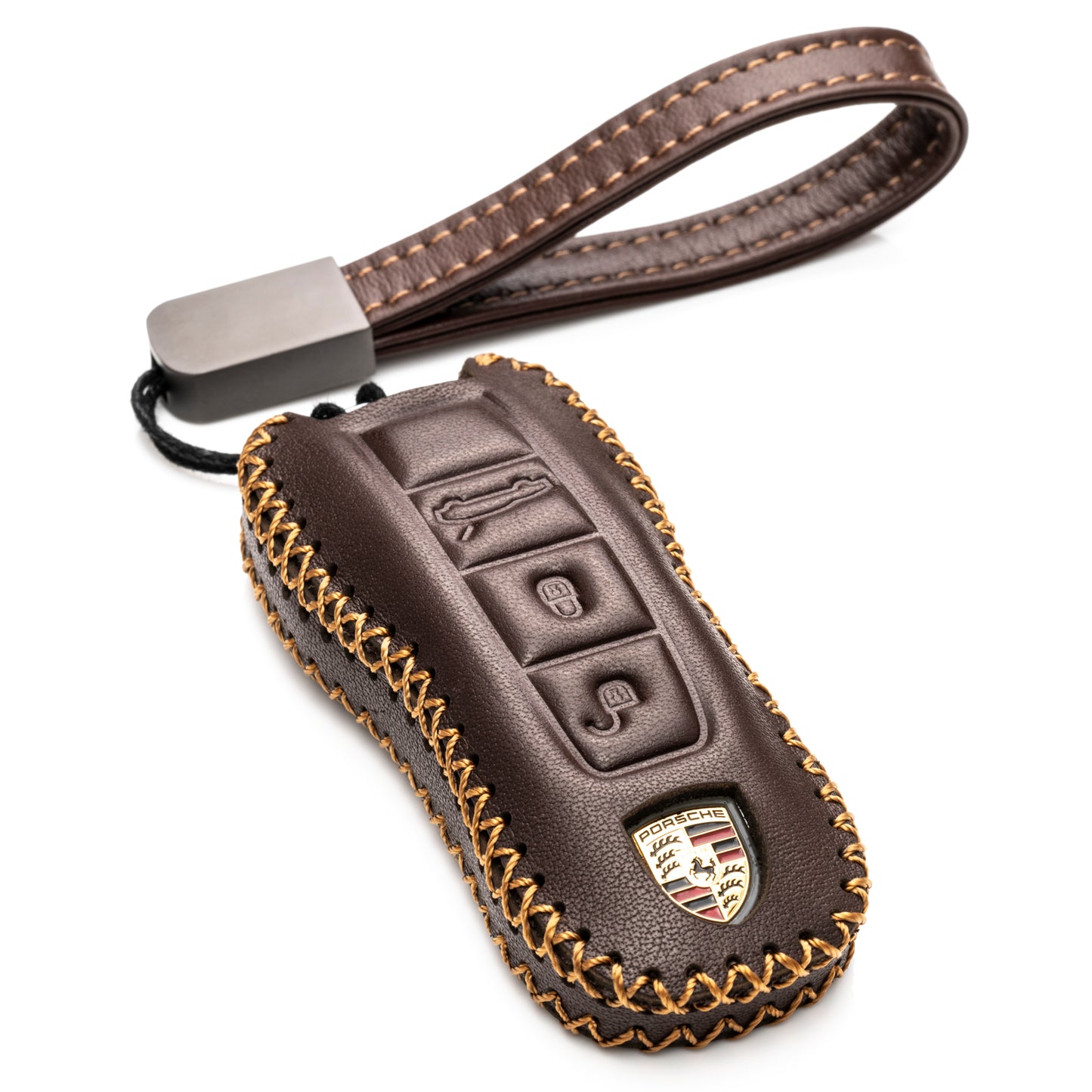 Vitodeco Genuine Leather Smart Key Fob Case Cover Protector with Leather Key Strap Compatible for 2020 - 2025 Porsche Cayenne, Macan, Panamera, 718, 911