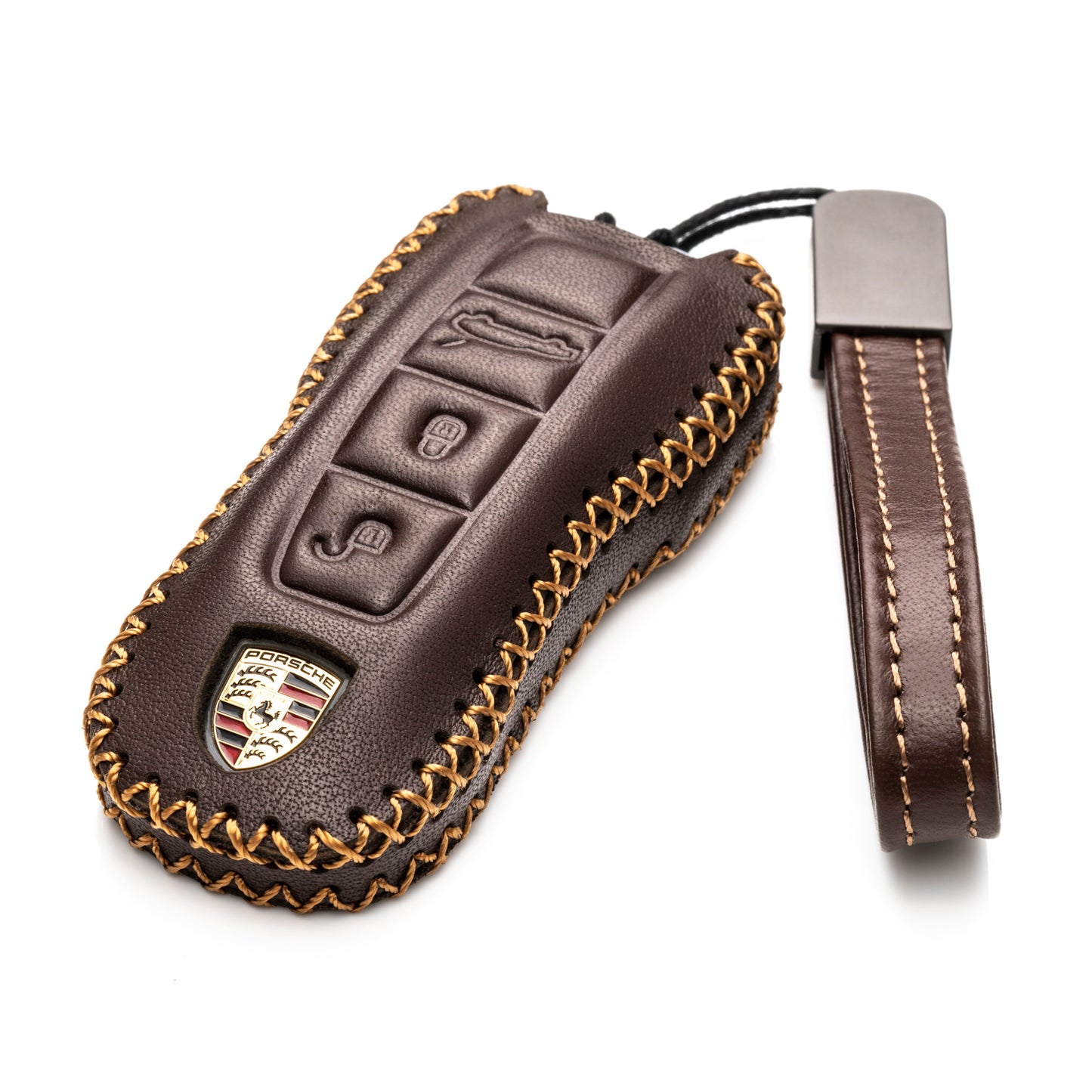 Vitodeco Genuine Leather Smart Key Fob Case Cover Protector with Leather Key Strap Compatible for 2020 - 2025 Porsche Cayenne, Macan, Panamera, 718, 911