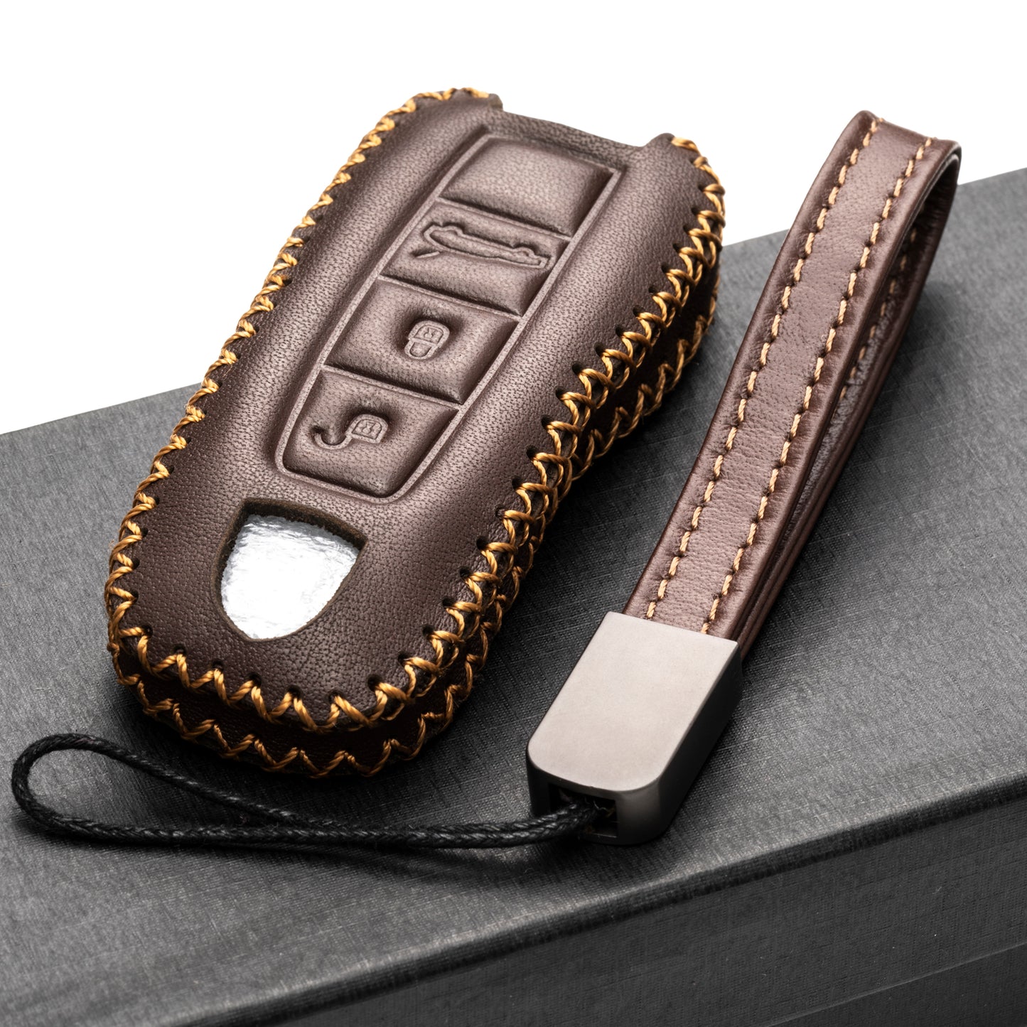 Vitodeco Genuine Leather Smart Key Fob Case Cover Protector with Leather Key Strap Compatible for 2020 - 2025 Porsche Cayenne, Macan, Panamera, 718, 911