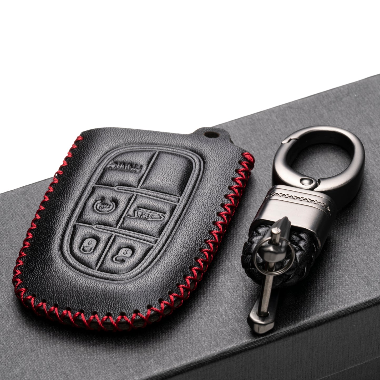 Vitodeco 5-Button Genuine Leather Smart Key Fob Case Cover Protector for 2014-2018 Jeep Cherokee, 2013-2017 Ram 1500, 2500, 3500