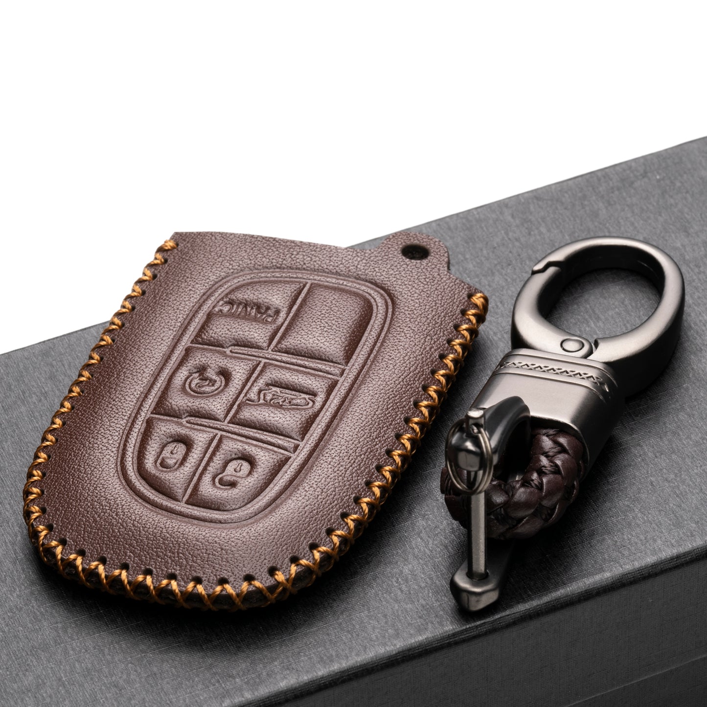 Vitodeco 5-Button Genuine Leather Smart Key Fob Case Cover Protector for 2014-2018 Jeep Cherokee, 2013-2017 Ram 1500, 2500, 3500
