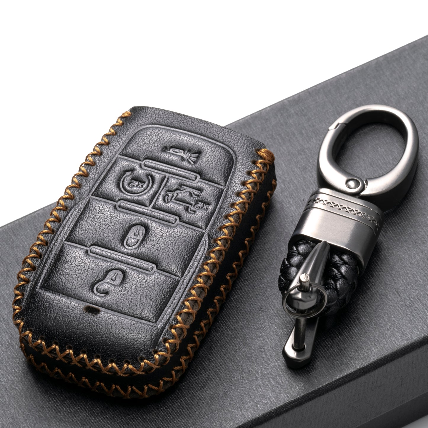 Vitodeco 5-Button Genuine Leather Smart Key Fob Case Cover Protector Compatible with RAM 1500, RAM 2500, RAM 3500 2019 - 2024 (Tailgate Button)