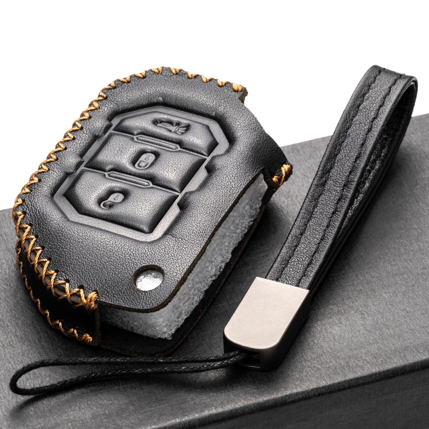 Vitodeco 3-Button Genuine Leather Flip Key Fob Case Cover Protector with Leather Key Strap Compatible for 2018-2024 Jeep Wrangler