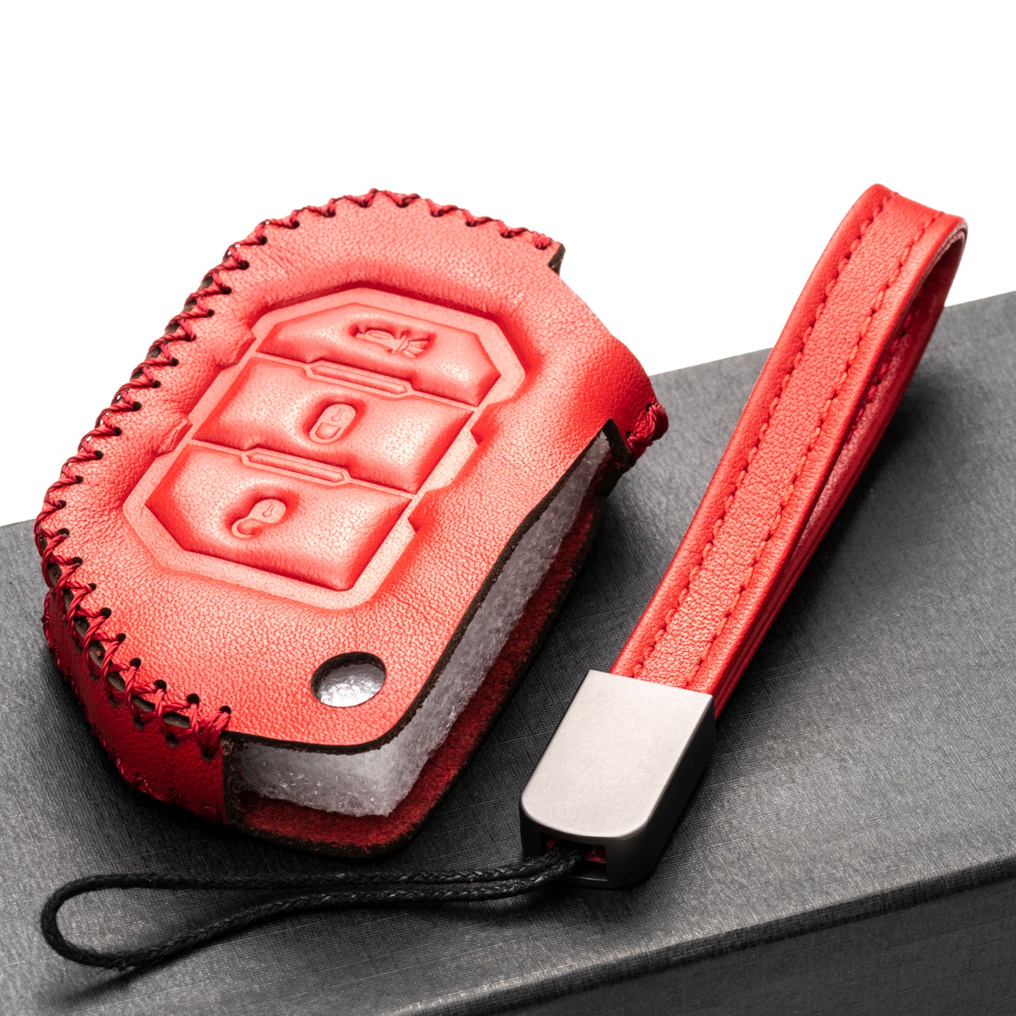 Vitodeco 3-Button Genuine Leather Flip Key Fob Case Cover Protector with Leather Key Strap Compatible for 2018-2024 Jeep Wrangler