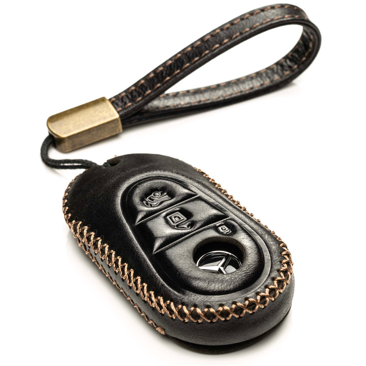 HOUTIAN Vintage Leather Key Fob Cover, with Metal Keychain, for Mercedes Benz 2009 HOUTIAN Vintage Leather Key Fob Cover, with Metal Keychain, for Mercedes Benz 2009