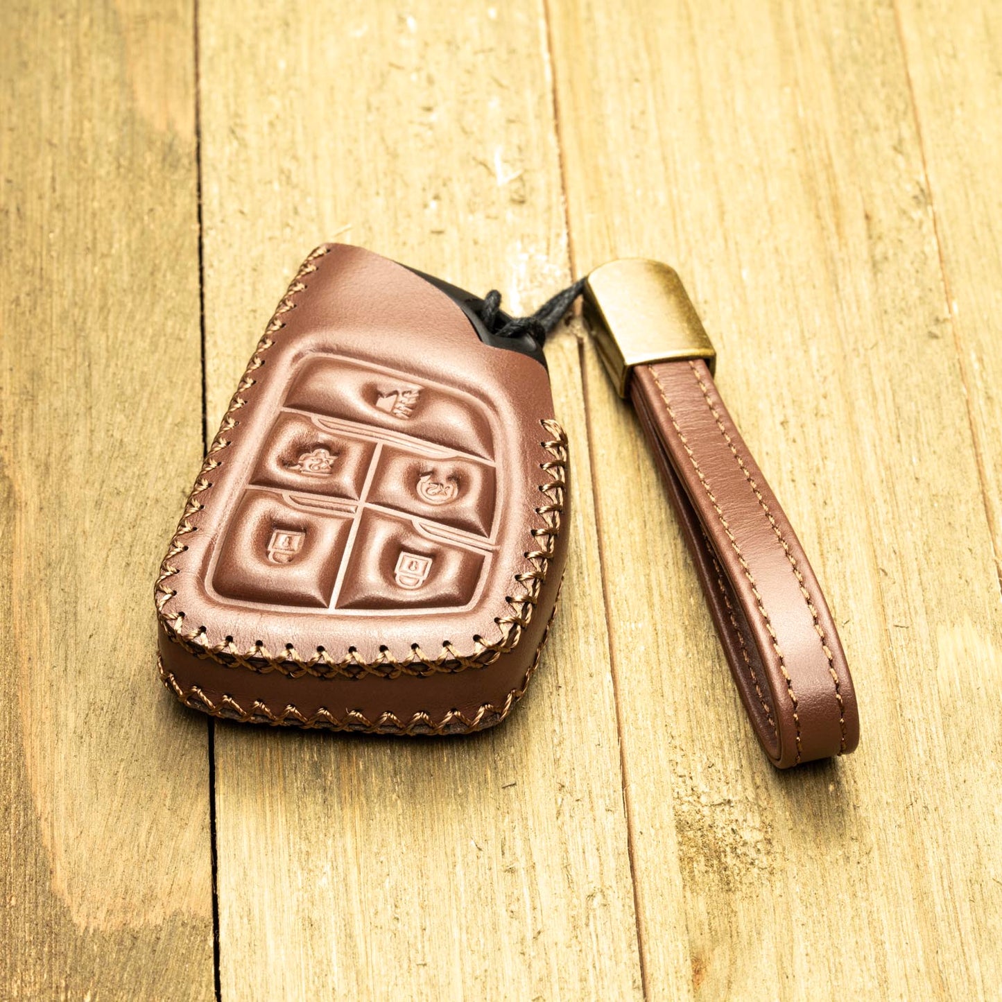 Vitodeco Genuine Leather Smart Key Fob Case Compatible with Chevrolet Silverado, Colorado, Suburban, Tahoe, Blazer, Equinox, Traverse - 5-Button