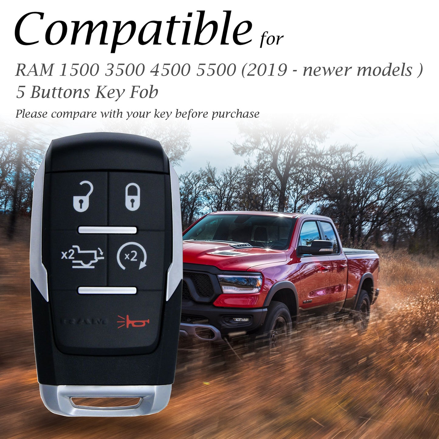Vitodeco Genuine Leather Keyless Entry Remote Control Smart Key Case Cover with Leather Key Strap Compatible for RAM 2500, 3500, 4500, 5500 2019 - 2026, 5-Button
